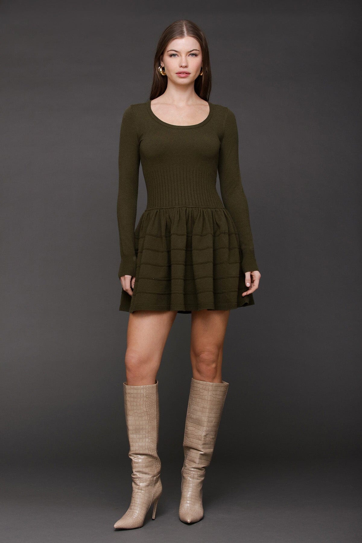 Drop-waist olive ribbed knit sweater mini dress with scoop neckline and long sleeves - Cute women's mini dresses by Avec Les Filles