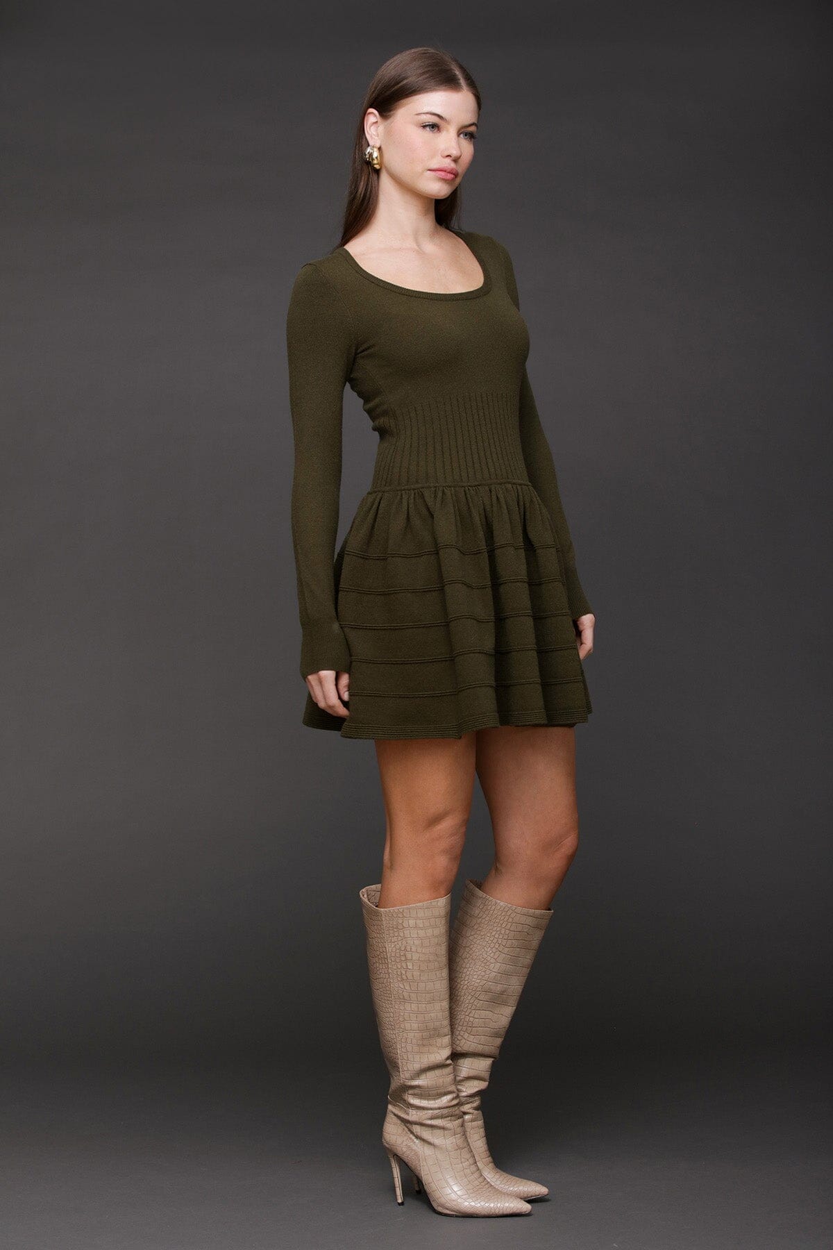 Drop-waist olive ribbed knit sweater mini dress with scoop neckline and long sleeves - Cute women's mini dresses by Avec Les Filles