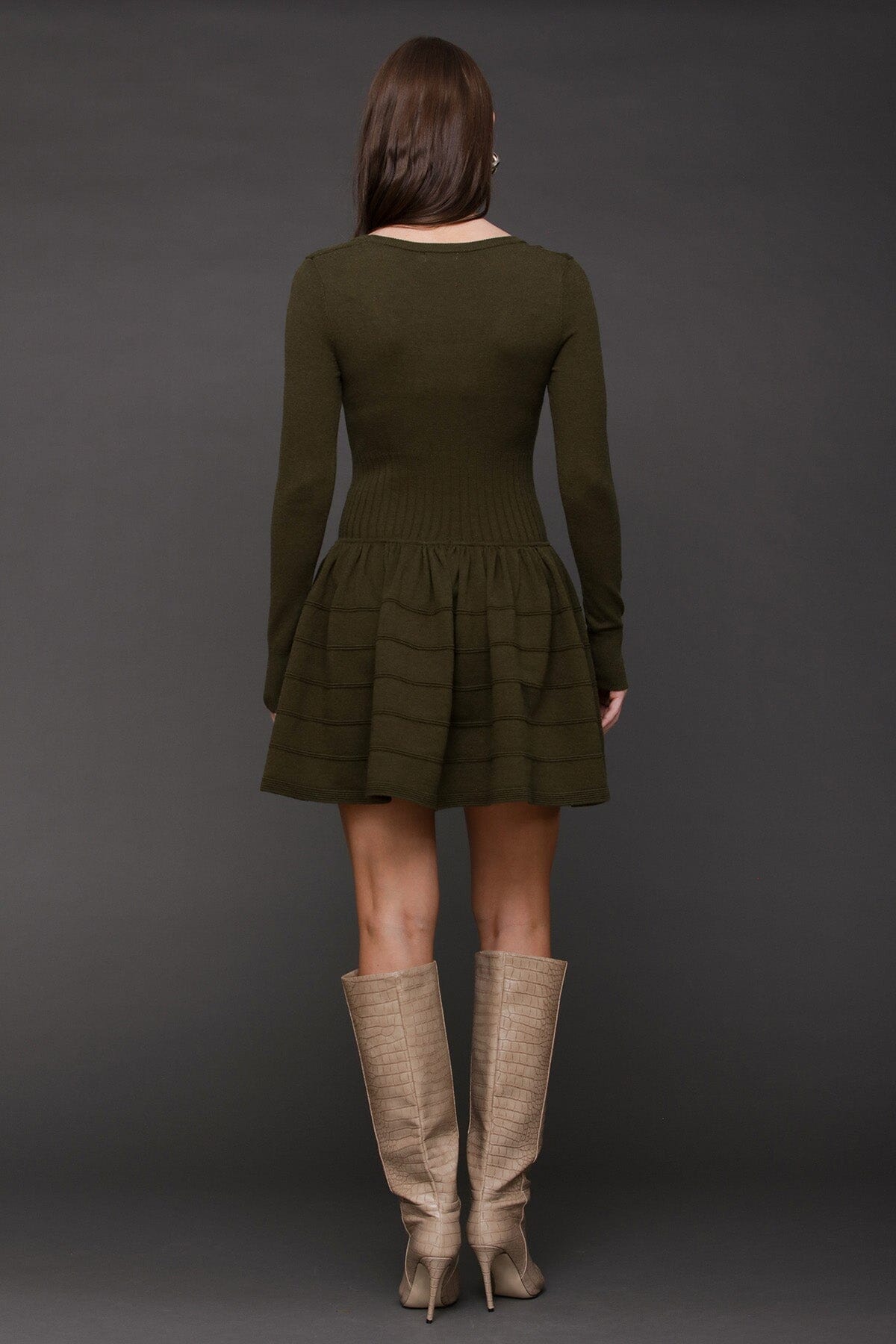Drop-waist olive ribbed knit sweater mini dress with scoop neckline and long sleeves - Cute women's mini dresses by Avec Les Filles