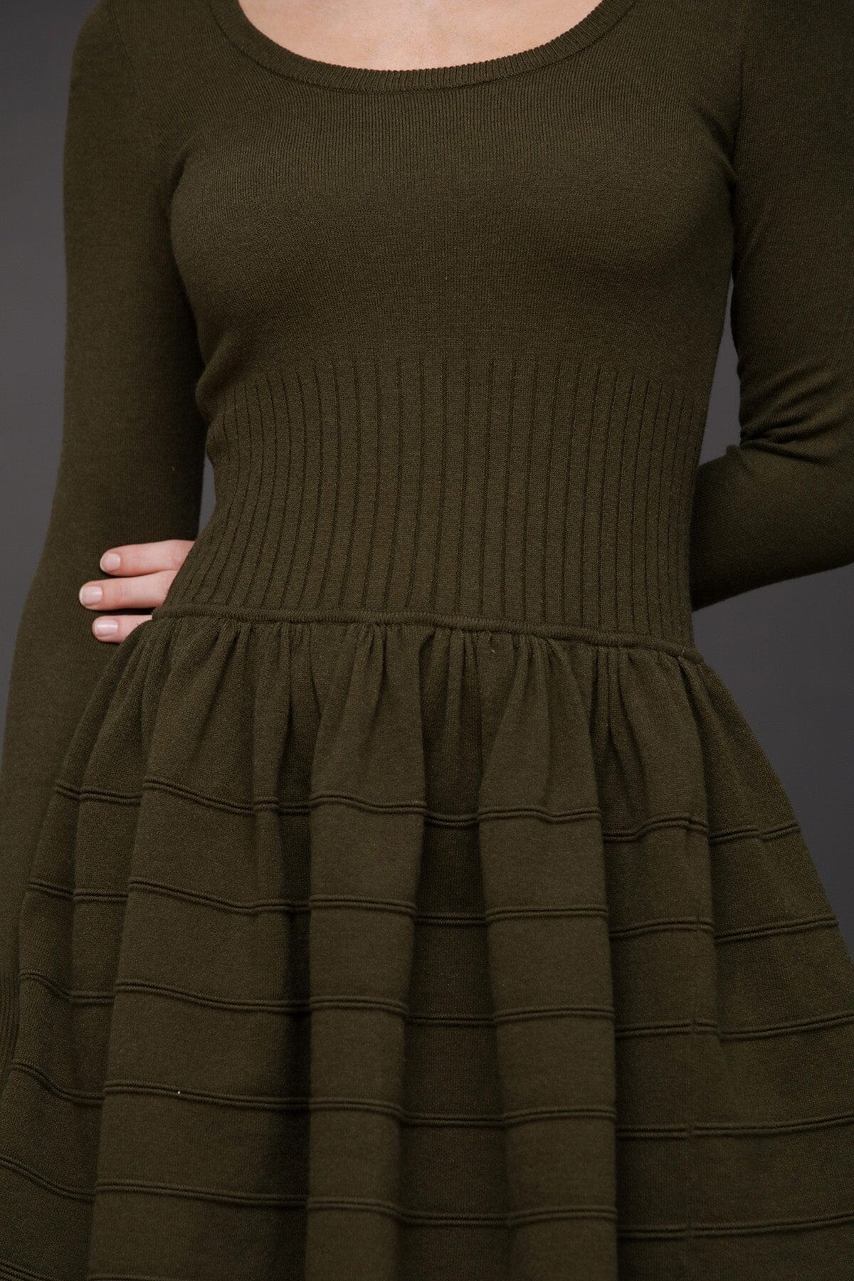 Drop-waist olive ribbed knit sweater mini dress with scoop neckline and long sleeves - Cute women's mini dresses by Avec Les Filles