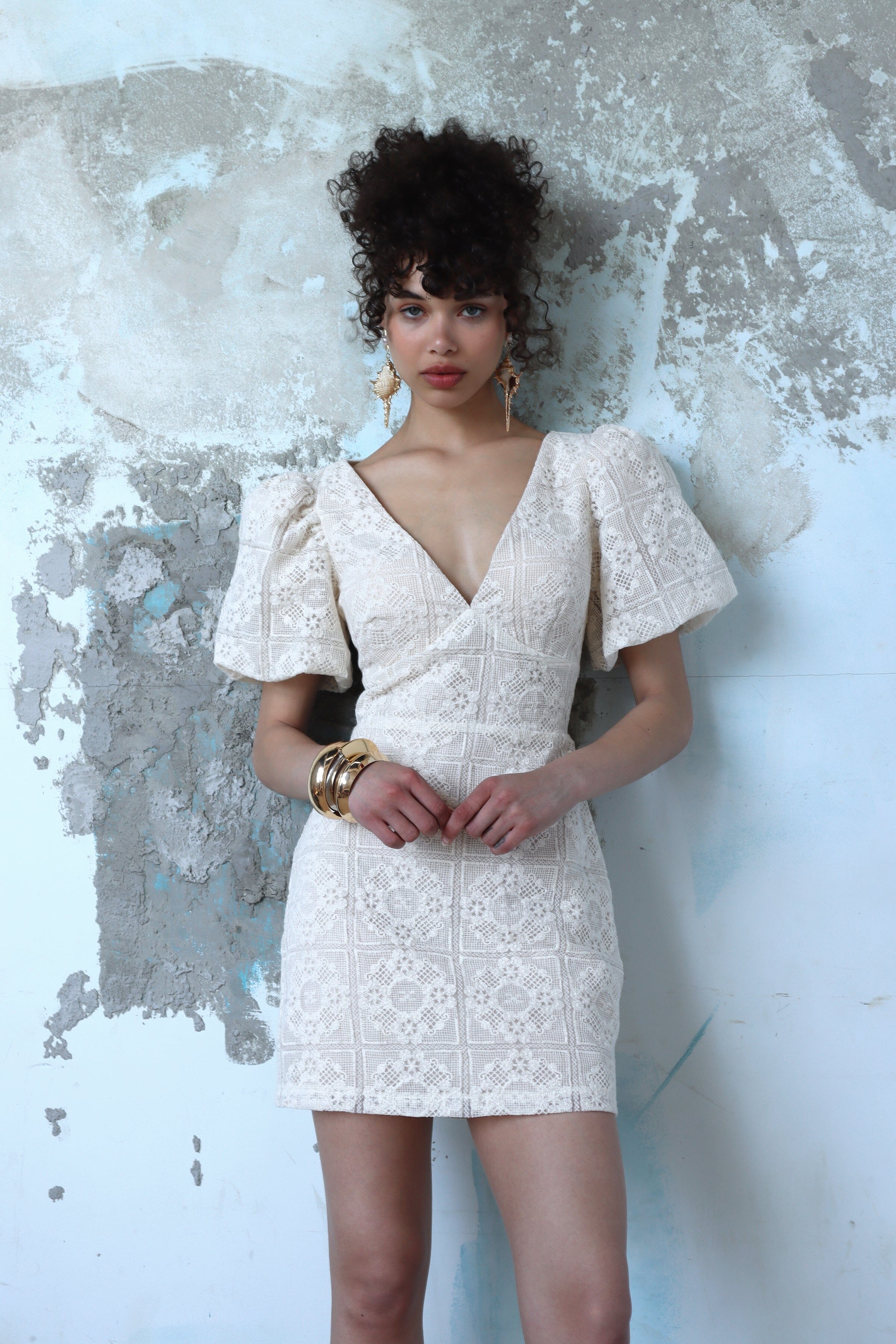 Natural puff sleeve crochet mini dress made of cotton polyester blend and v-neckline - Cute women's mini dresses by Avec Les Filles