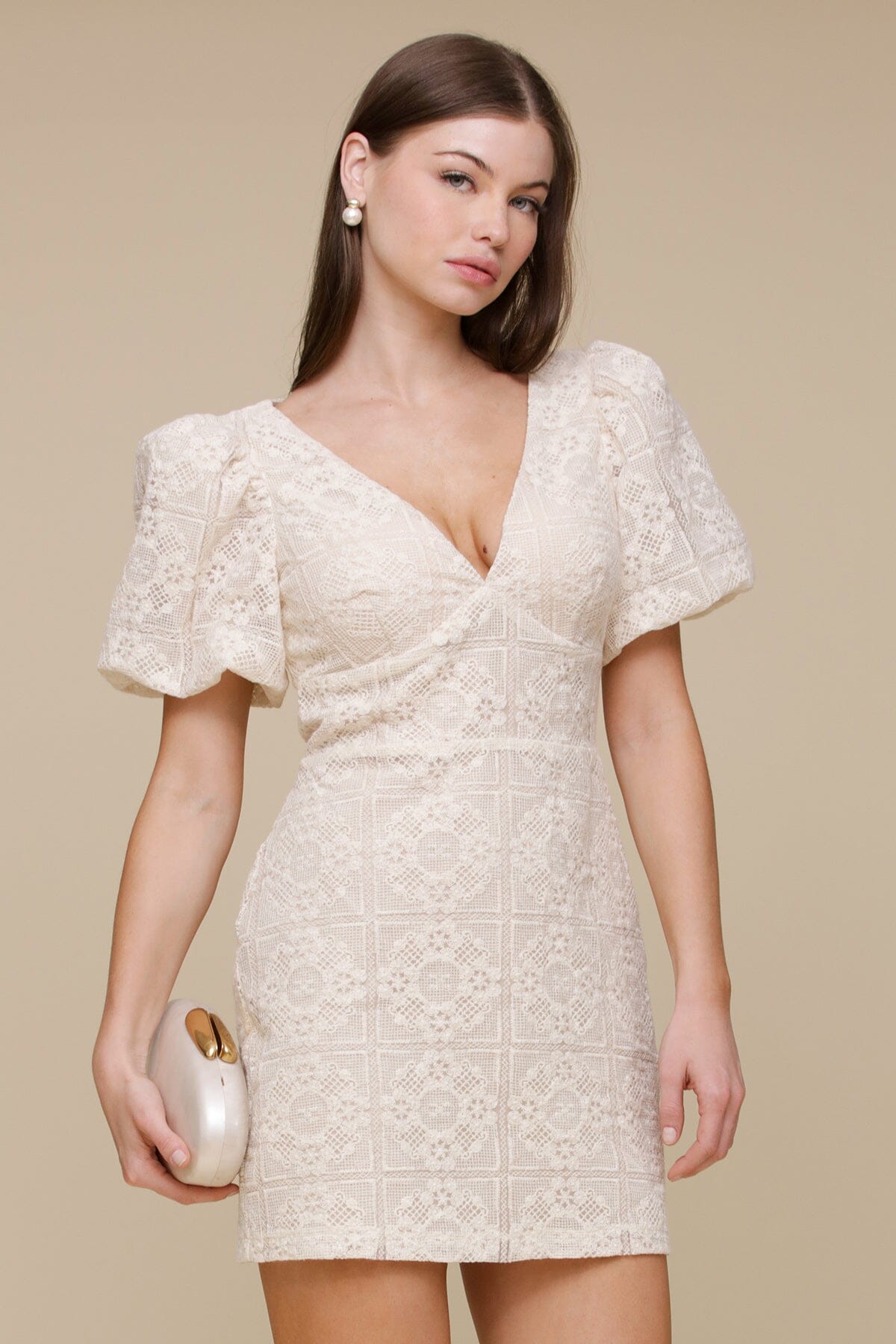 Natural puff sleeve crochet mini dress made of cotton polyester blend and v-neckline - Cute women's mini dresses by Avec Les Filles
