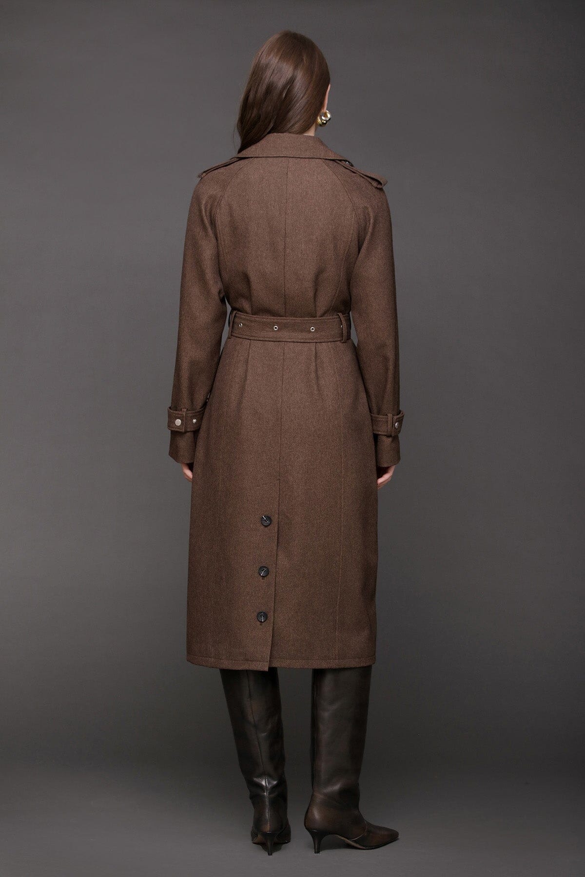 Belted utility brown double-breasted trench coat with removable belt and long raglan shoulder sleeves - Cute women's trench coats by Avec Les Filles