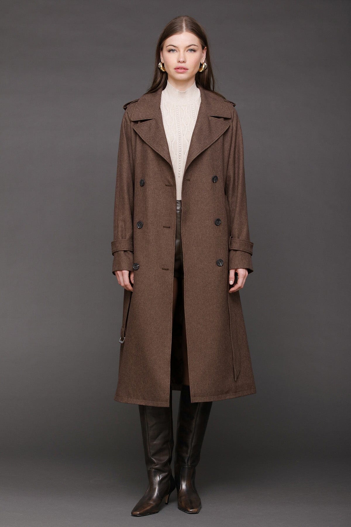 Belted utility brown double-breasted trench coat with removable belt and long raglan shoulder sleeves - Cute women's trench coats by Avec Les Filles