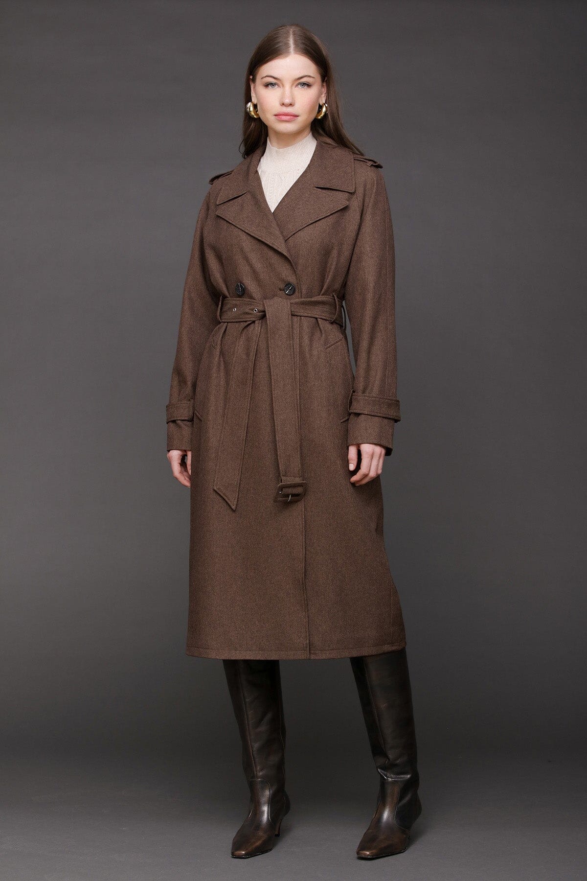 Belted utility brown double-breasted trench coat with removable belt and long raglan shoulder sleeves - Cute women's trench coats by Avec Les Filles