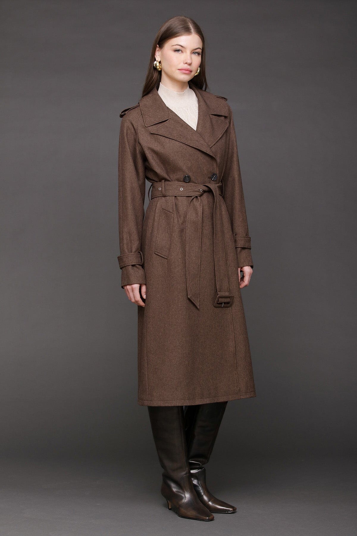 Belted utility brown double-breasted trench coat with removable belt and long raglan shoulder sleeves - Cute women's trench coats by Avec Les Filles