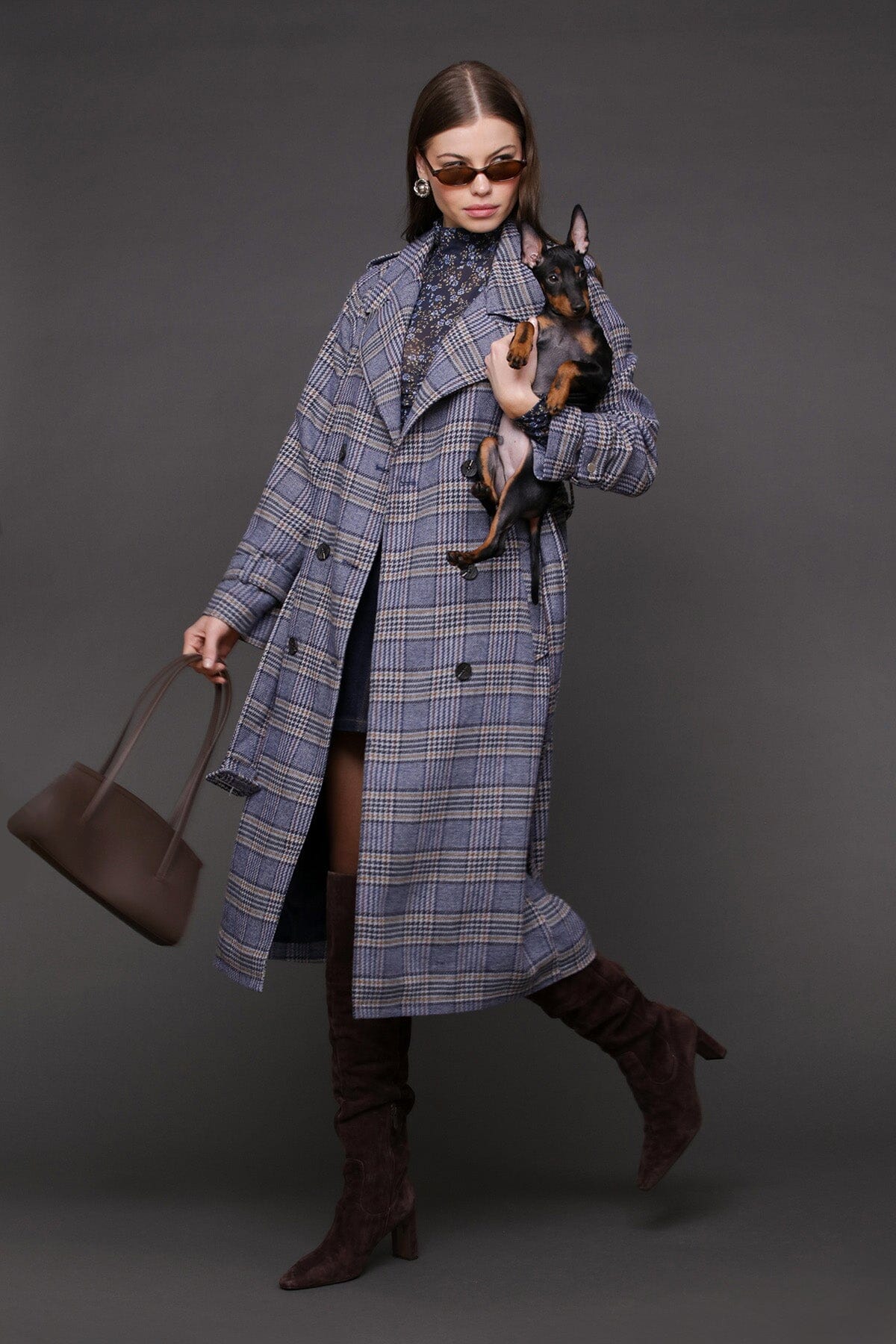 Blue brown plaid belted utility double-breasted trench coat with removable belt and long raglan shoulder sleeves - Cute women's trench coats by Avec Les Filles