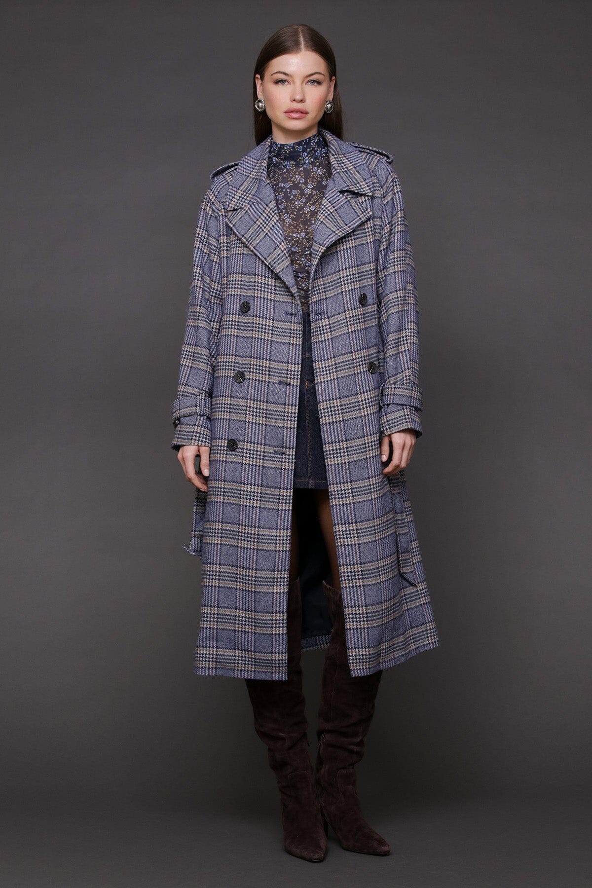 Blue brown plaid belted utility double-breasted trench coat with removable belt and long raglan shoulder sleeves - Cute women's trench coats by Avec Les Filles