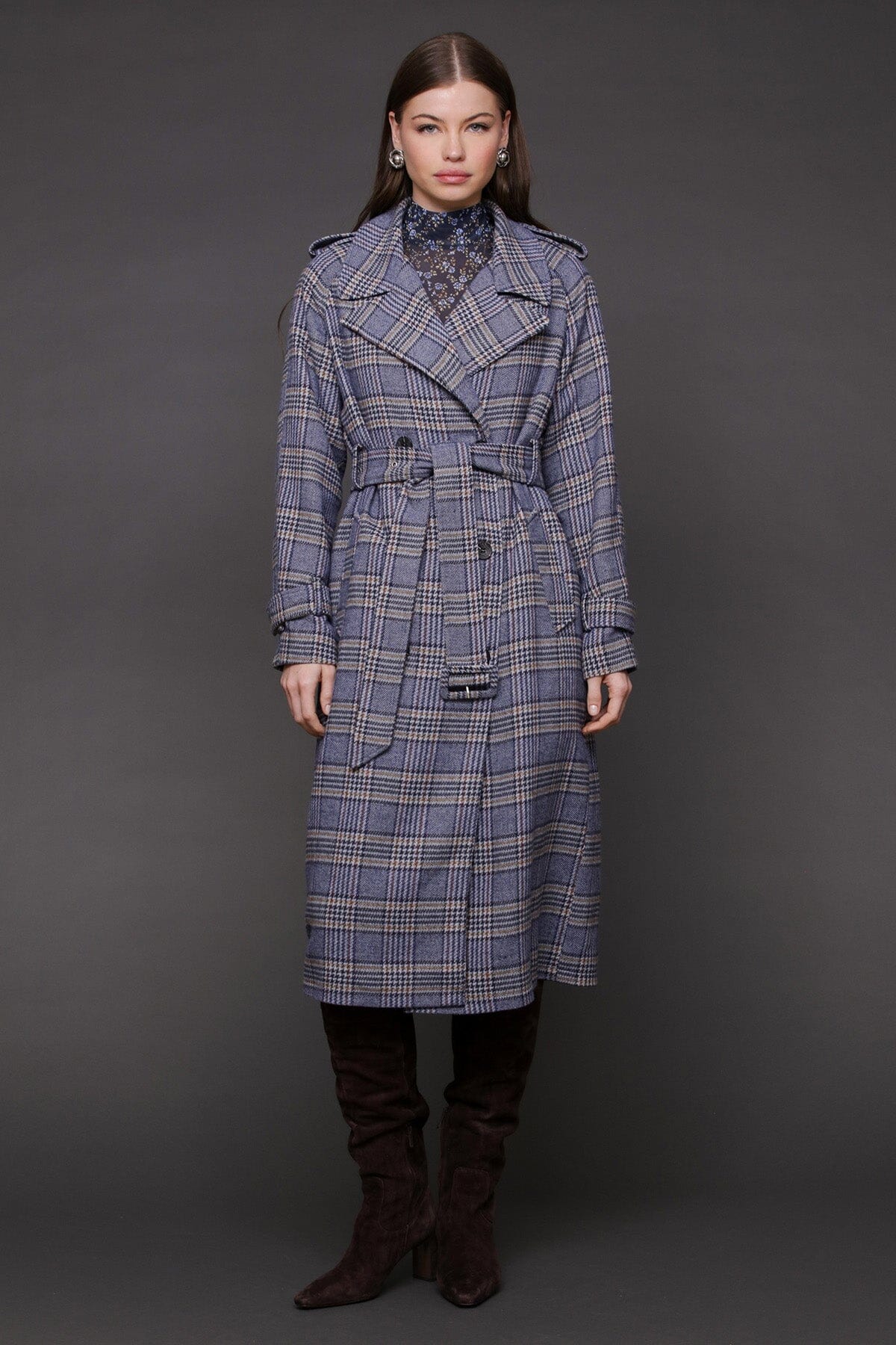 Blue brown plaid belted utility double-breasted trench coat with removable belt and long raglan shoulder sleeves - Cute women's trench coats by Avec Les Filles