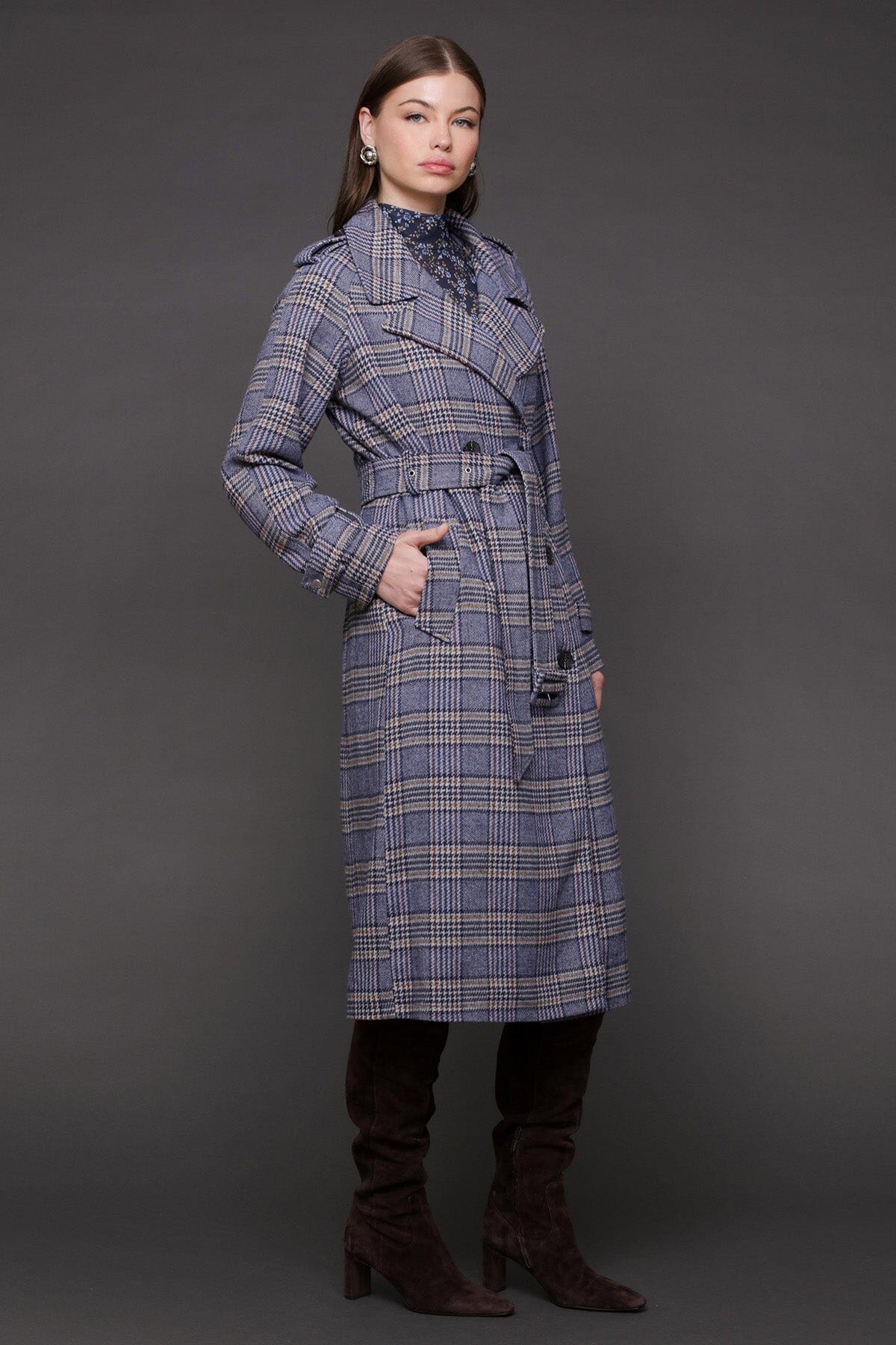 Blue brown plaid belted utility double-breasted trench coat with removable belt and long raglan shoulder sleeves - Cute women's trench coats by Avec Les Filles