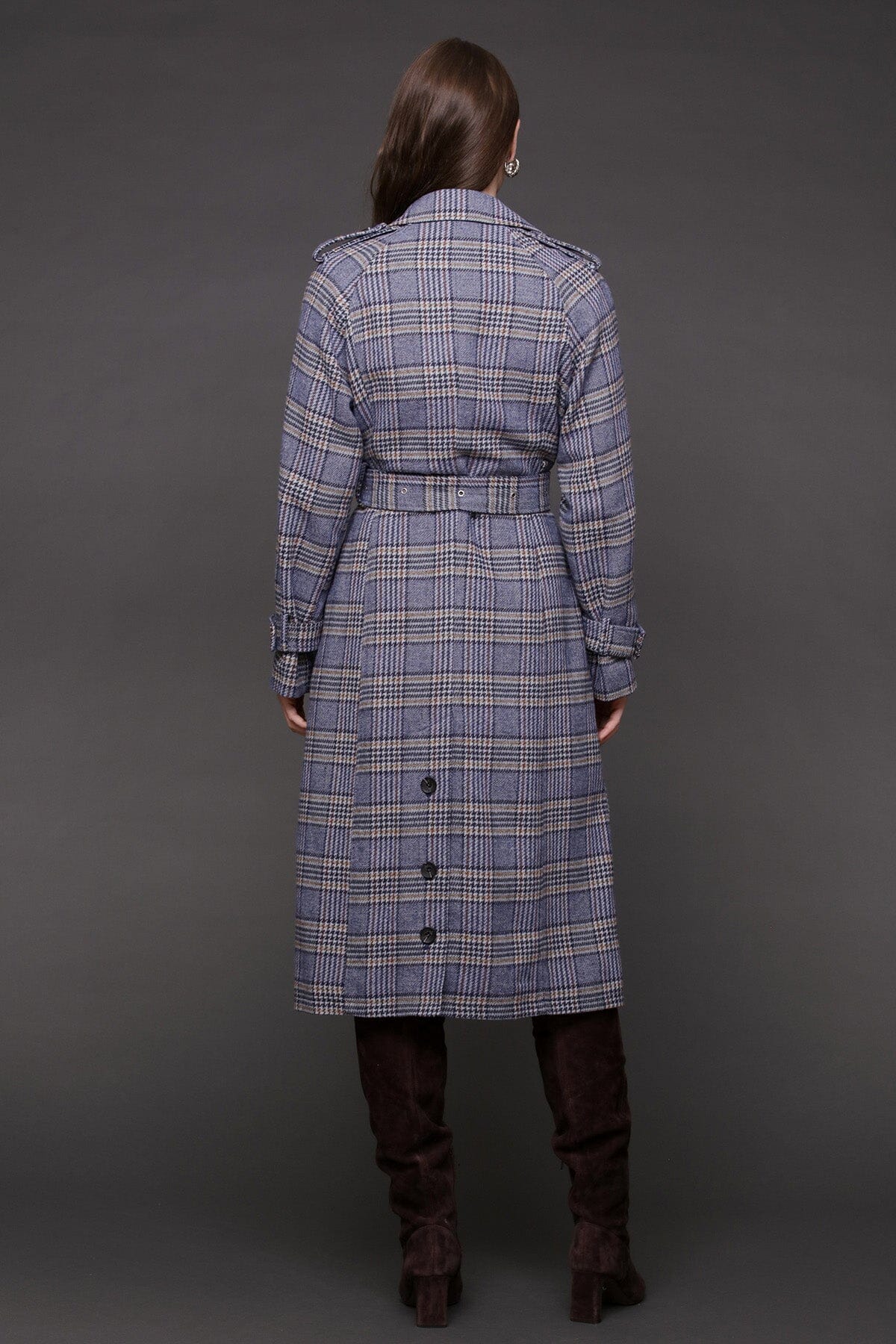 Blue brown plaid belted utility double-breasted trench coat with removable belt and long raglan shoulder sleeves - Cute women's trench coats by Avec Les Filles