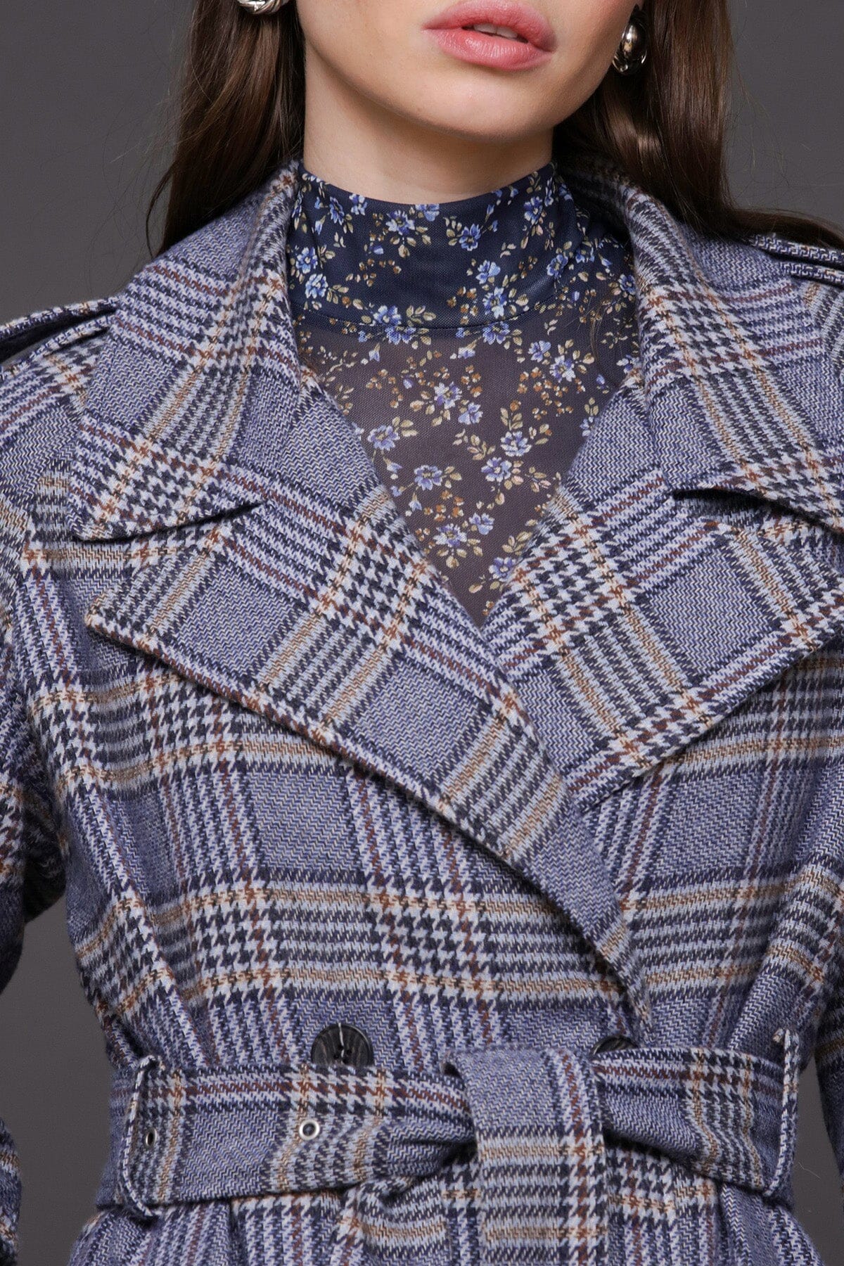 Blue brown plaid belted utility double-breasted trench coat with removable belt and long raglan shoulder sleeves - Cute women's trench coats by Avec Les Filles