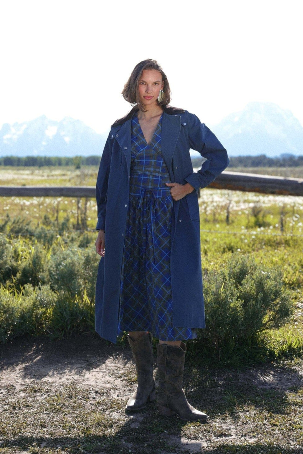 Cotton utility dark blue trench coat with snap button front and oversized flap pockets - Cute women's long trench coats by Avec Les Filles