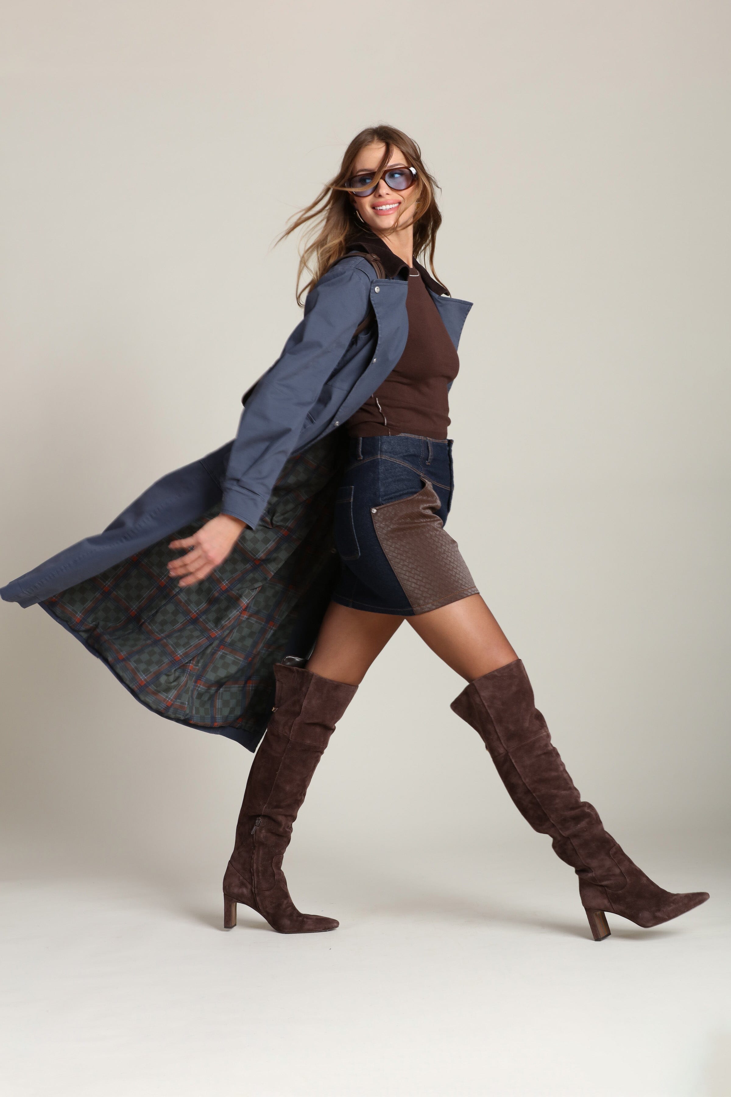 Utility dark blue cotton trench coat with snap button front and oversized flap pockets - Cute women's long trench coats by Avec Les Filles