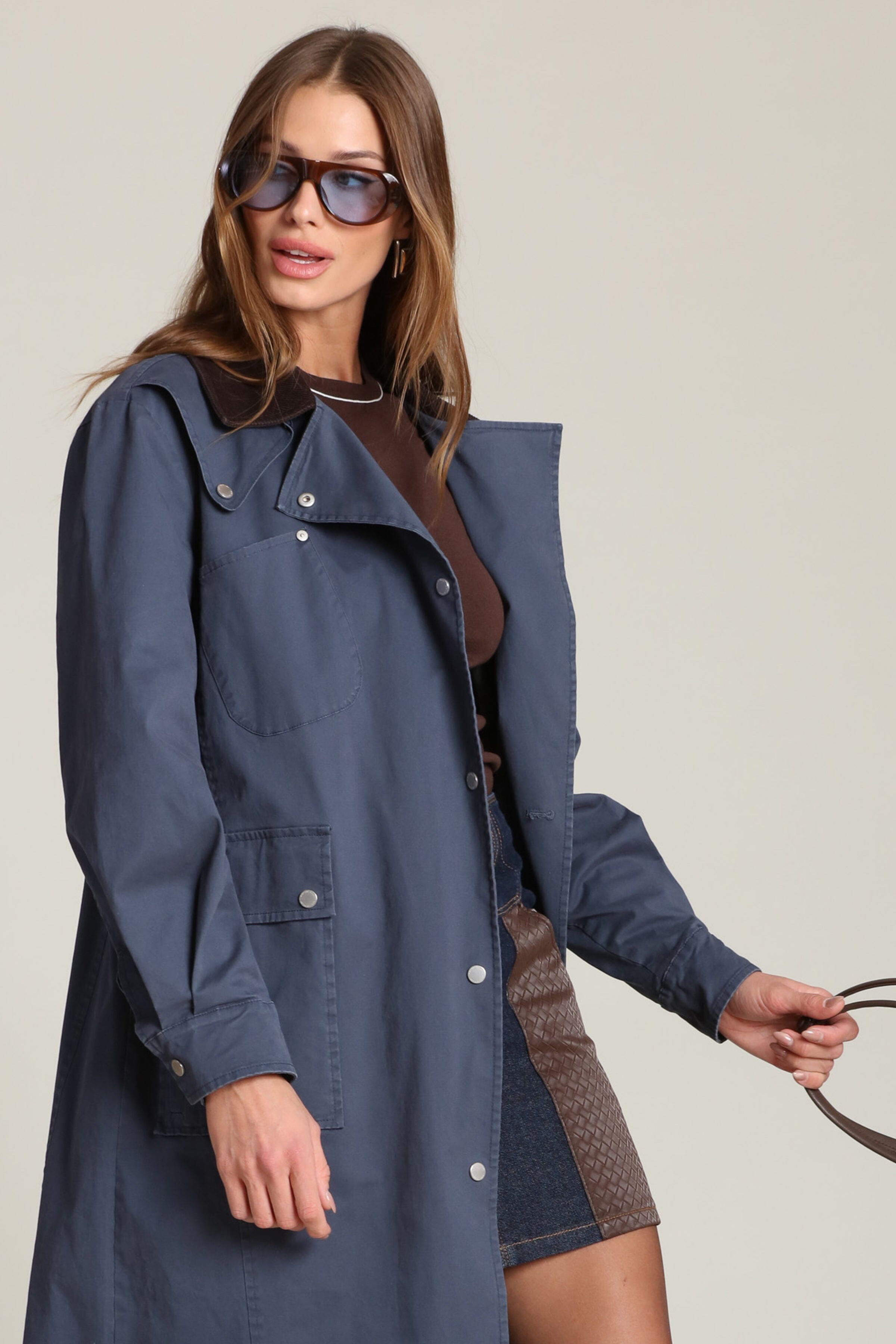 Utility dark blue cotton trench coat with snap button front and oversized flap pockets - Cute women's long trench coats by Avec Les Filles