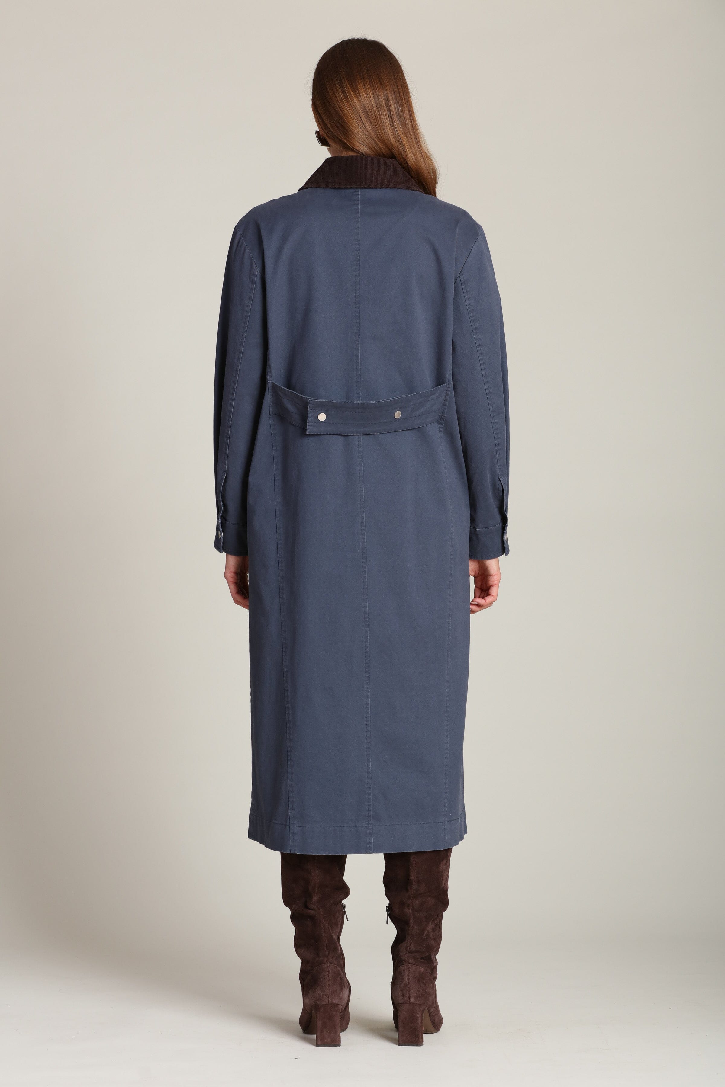 Utility dark blue cotton trench coat with snap button front and oversized flap pockets - Cute women's long trench coats by Avec Les Filles