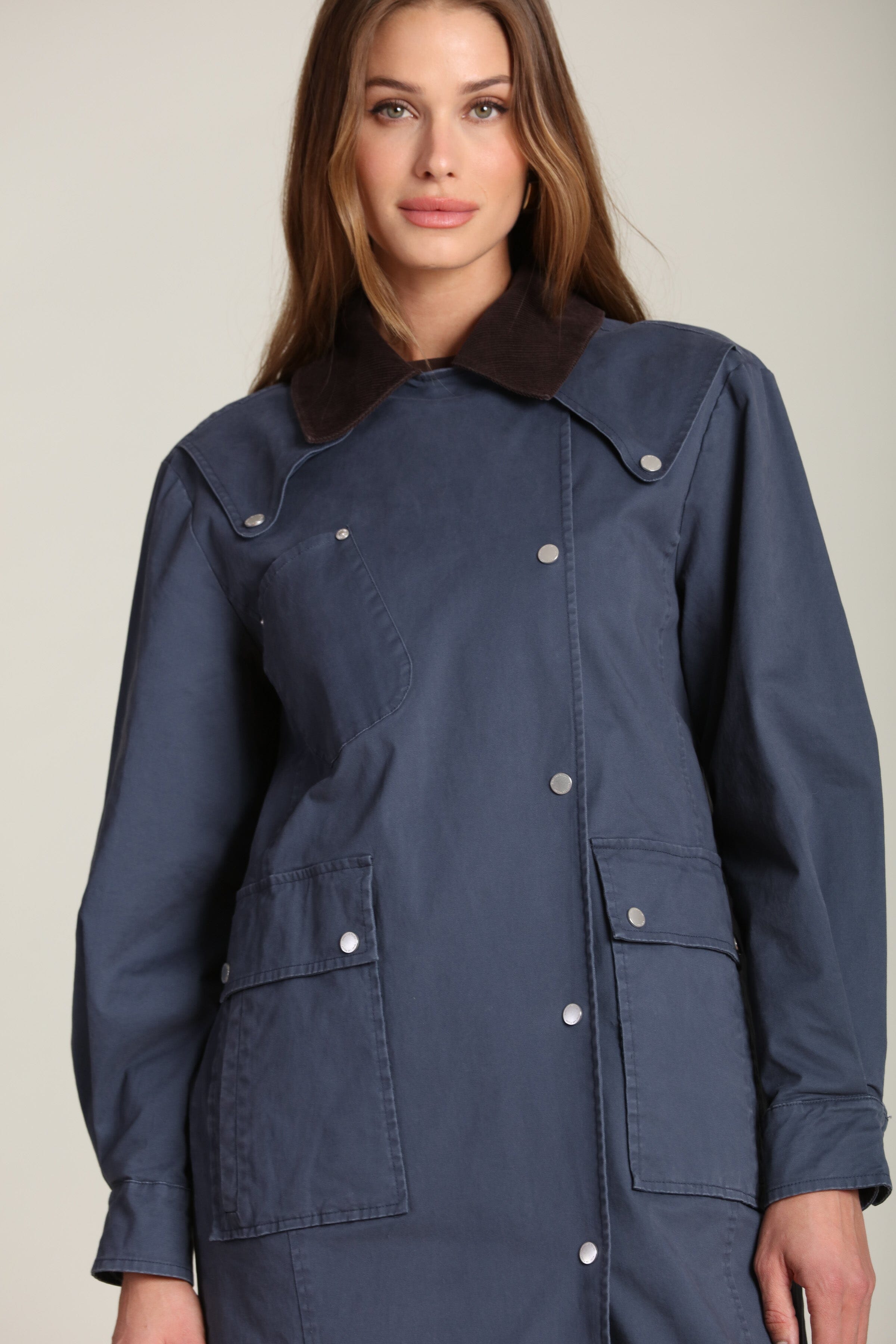 Utility dark blue cotton trench coat with snap button front and oversized flap pockets - Cute women's long trench coats by Avec Les Filles