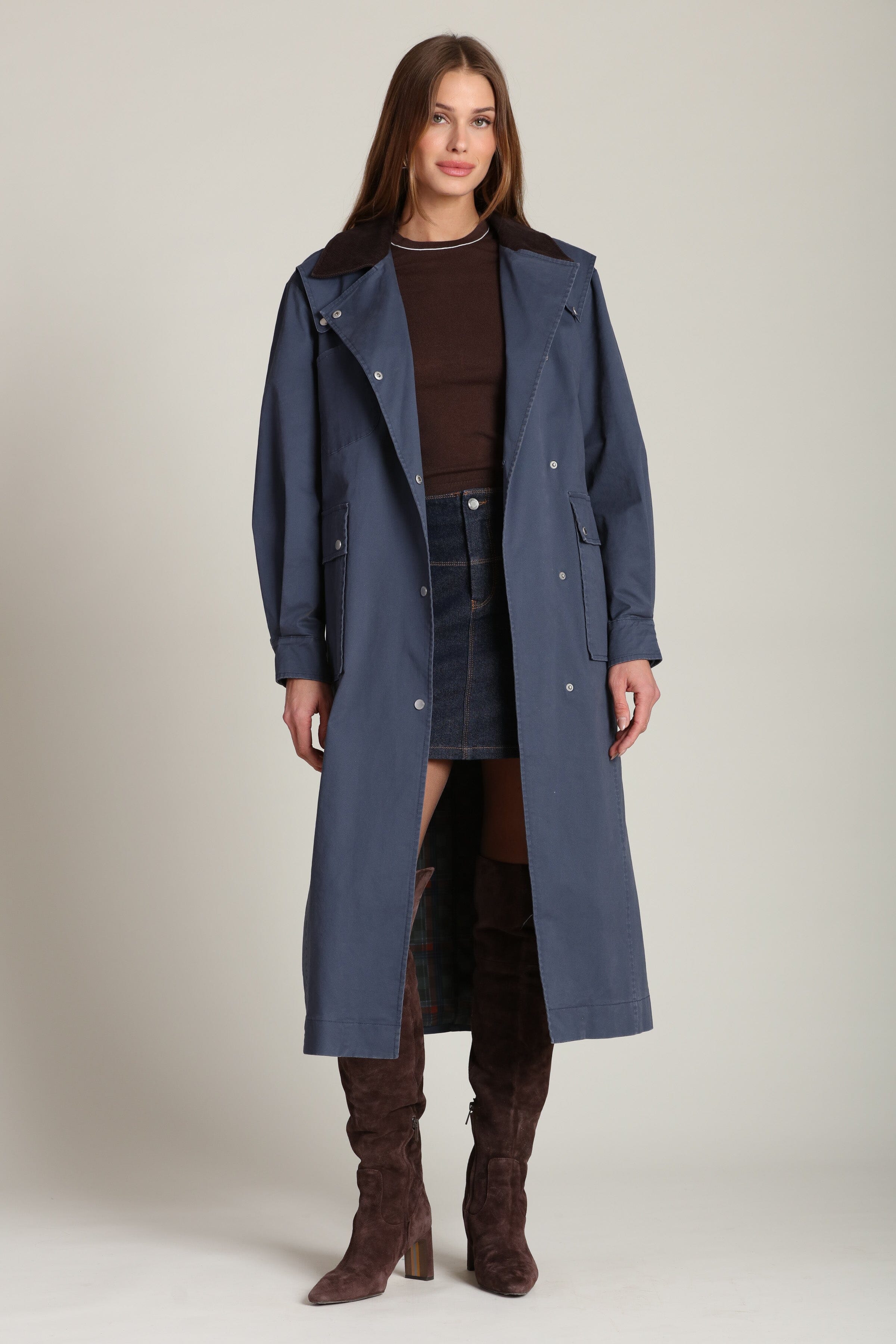 Utility dark blue cotton trench coat with snap button front and oversized flap pockets - Cute women's long trench coats by Avec Les Filles