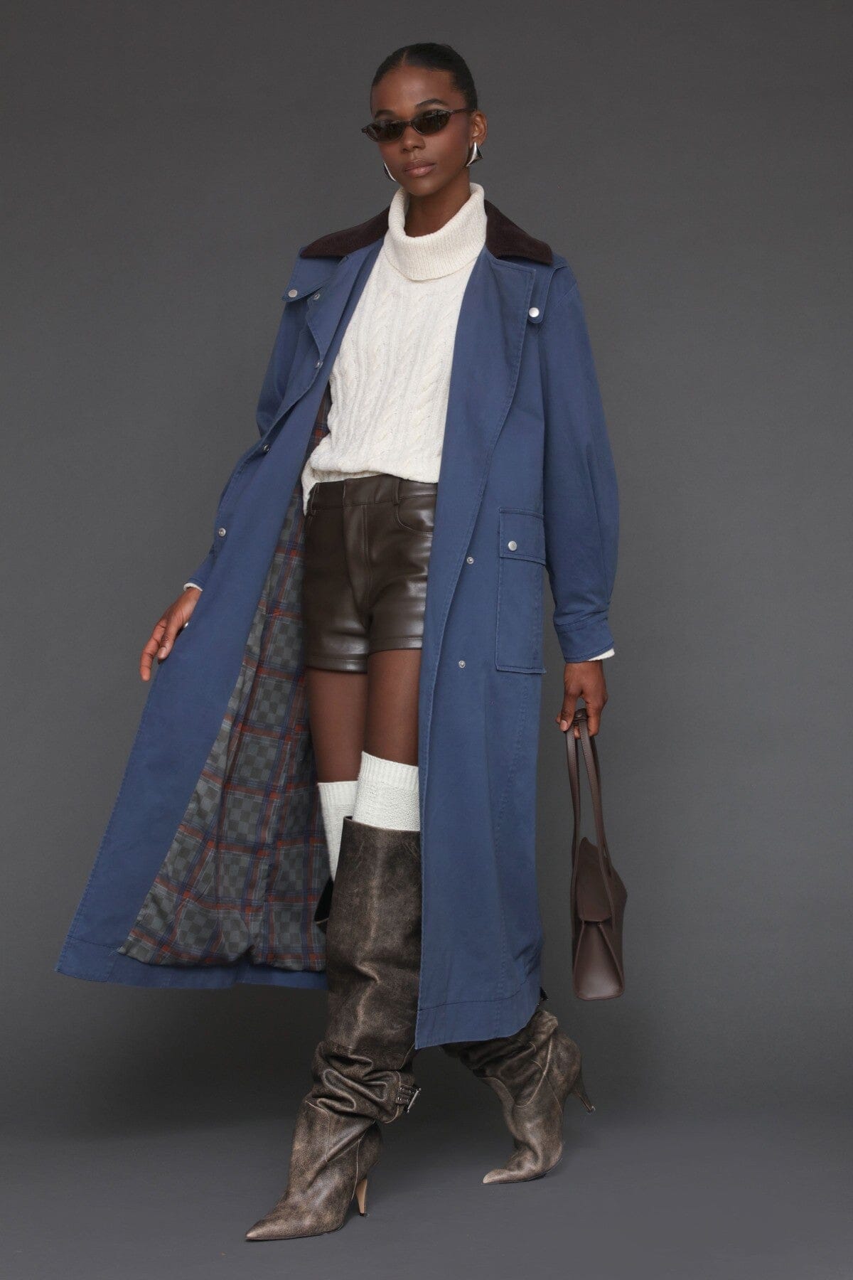 Cotton utility dark blue trench coat with snap button front and oversized flap pockets - Cute women's long trench coats by Avec Les Filles