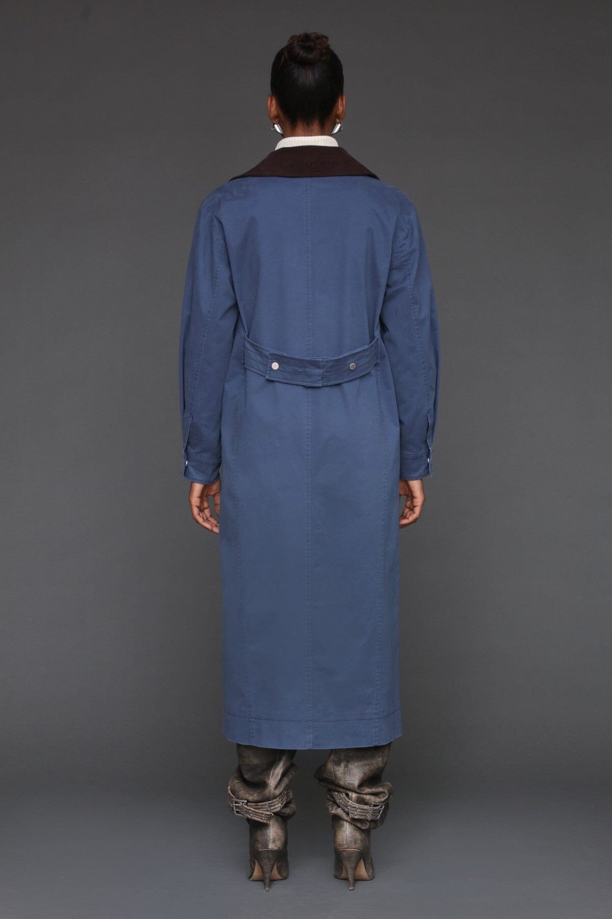 Cotton utility dark blue trench coat with snap button front and oversized flap pockets - Cute women's long trench coats by Avec Les Filles