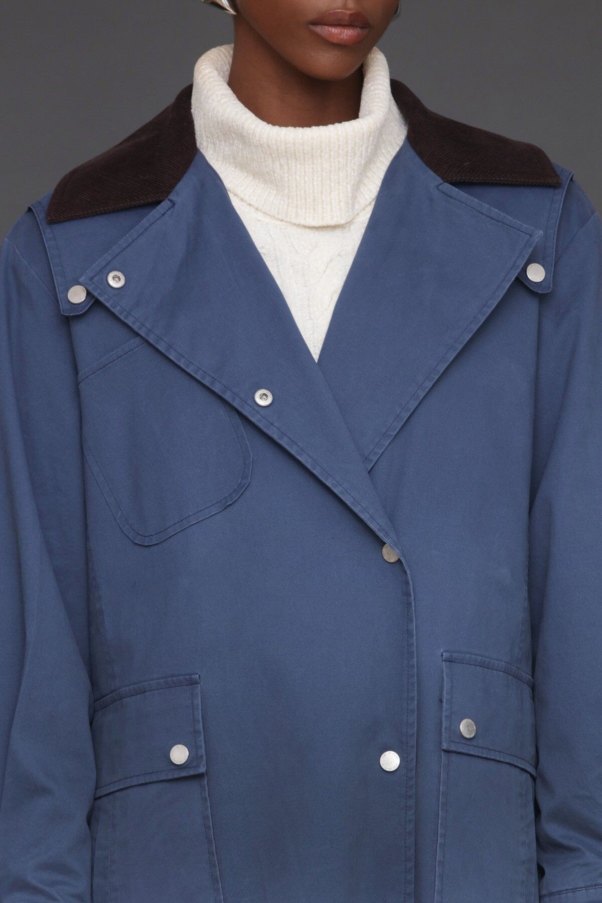 Cotton utility dark blue trench coat with snap button front and oversized flap pockets - Cute women's long trench coats by Avec Les Filles
