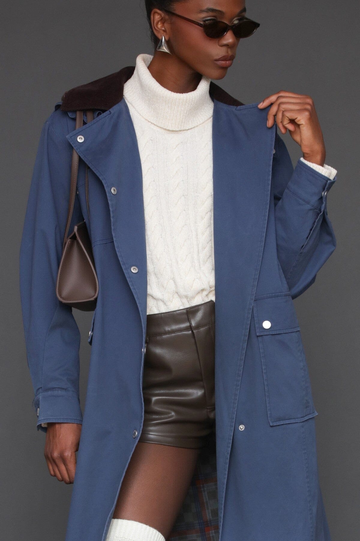 Cotton utility dark blue trench coat with snap button front and oversized flap pockets - Cute women's long trench coats by Avec Les Filles