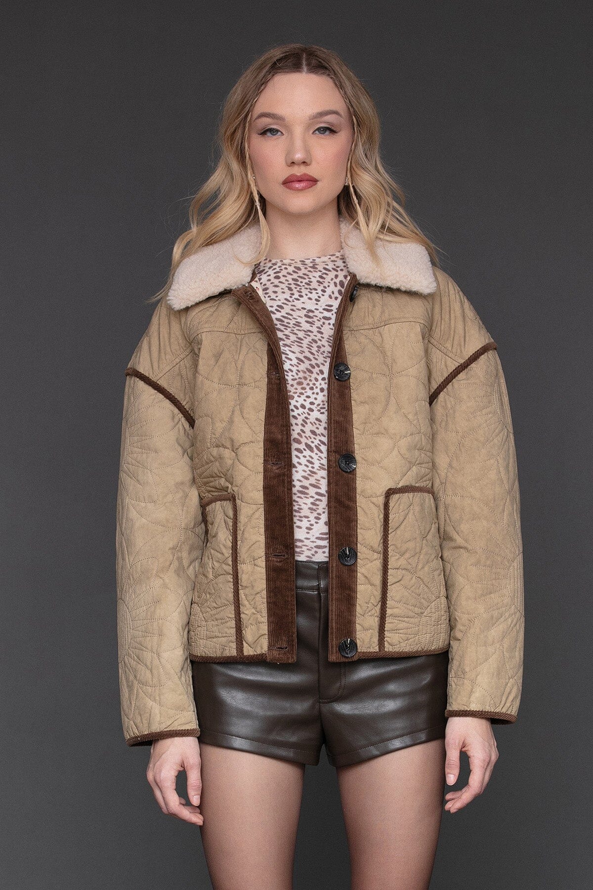 Contrast trim quilted cotton khaki button front jacket with drop shoulders and patch pockets - Cute women's jackets by Avec Les Filles