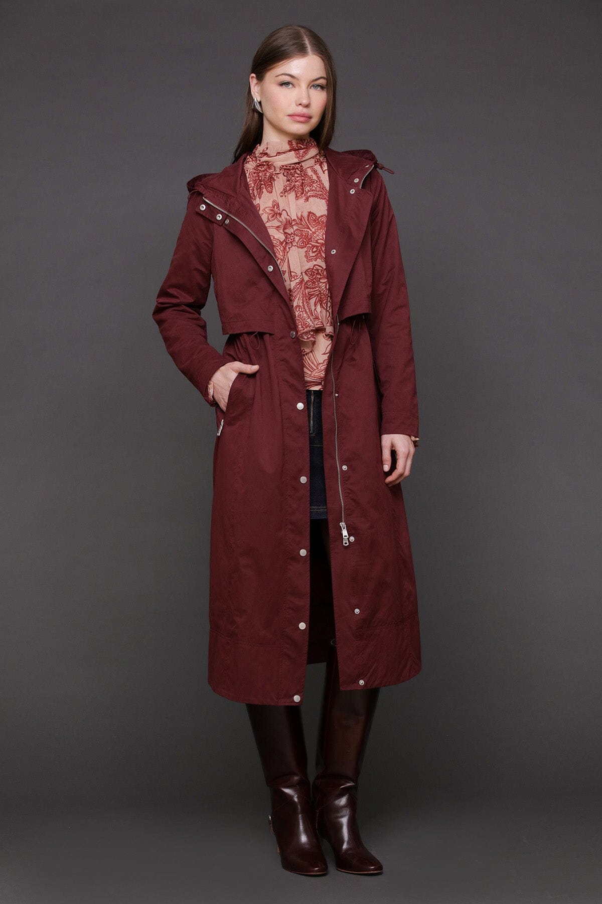 Hooded burgundy anorak maxi coat with adjustable drawcord and attached hood with drawstring - Cute women's coats by Avec Les Filles