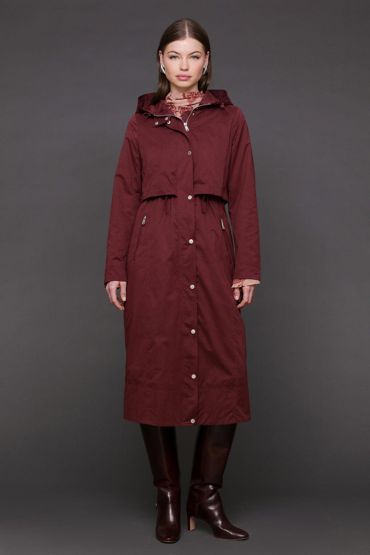 Hooded burgundy anorak maxi coat with adjustable drawcord and attached hood with drawstring - Cute women's coats by Avec Les Filles