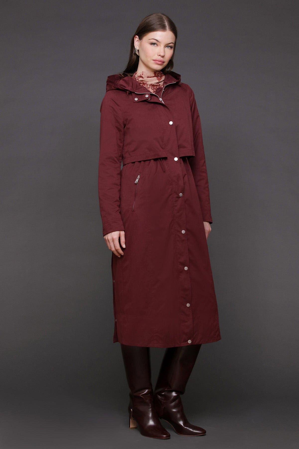 Hooded burgundy anorak maxi coat with adjustable drawcord and attached hood with drawstring - Cute women's coats by Avec Les Filles
