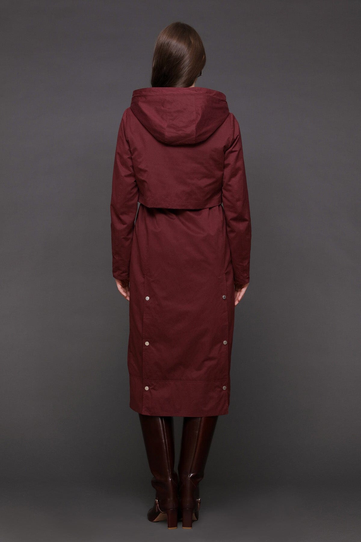 Hooded burgundy anorak maxi coat with adjustable drawcord and attached hood with drawstring - Cute women's coats by Avec Les Filles