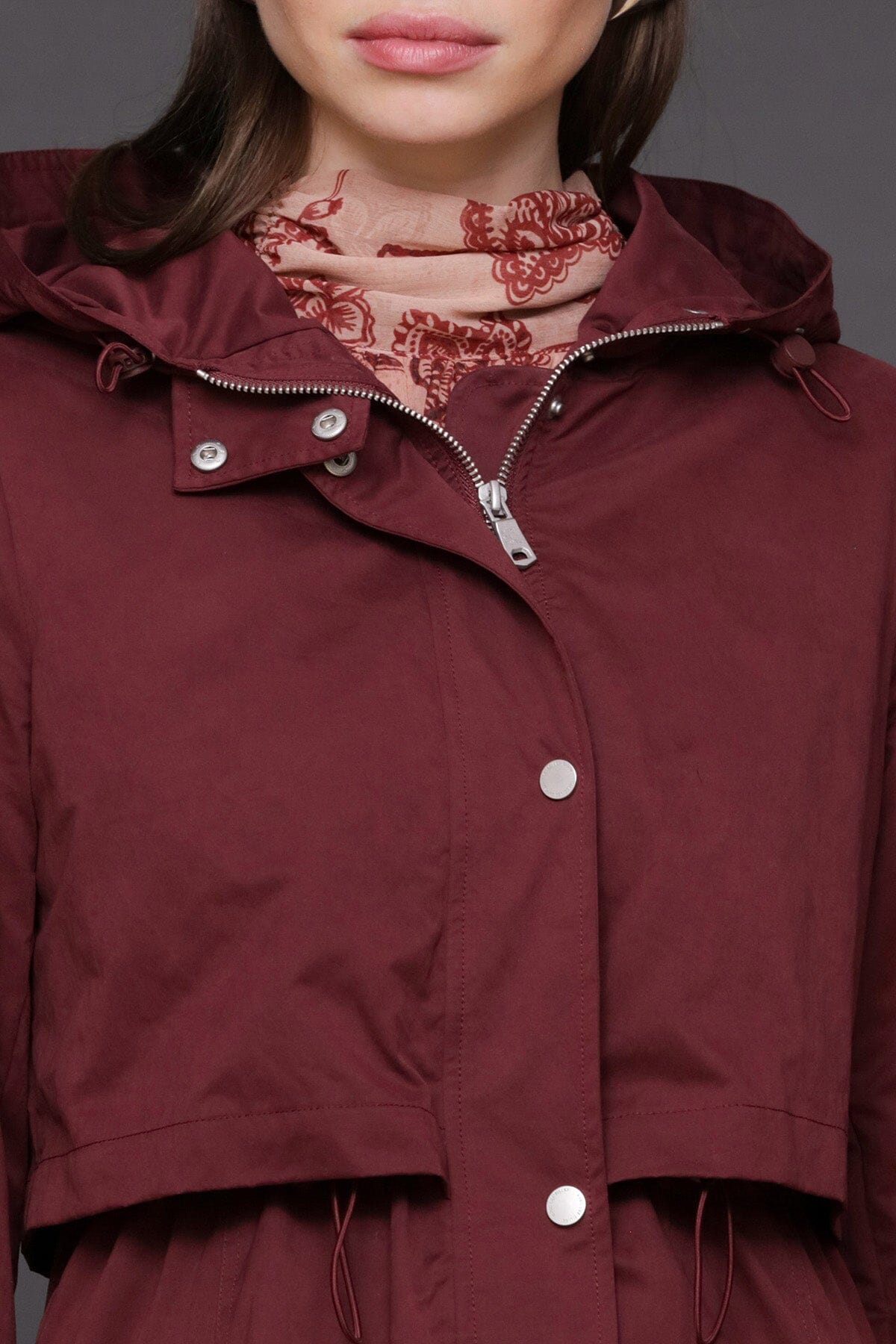 Hooded burgundy anorak maxi coat with adjustable drawcord and attached hood with drawstring - Cute women's coats by Avec Les Filles