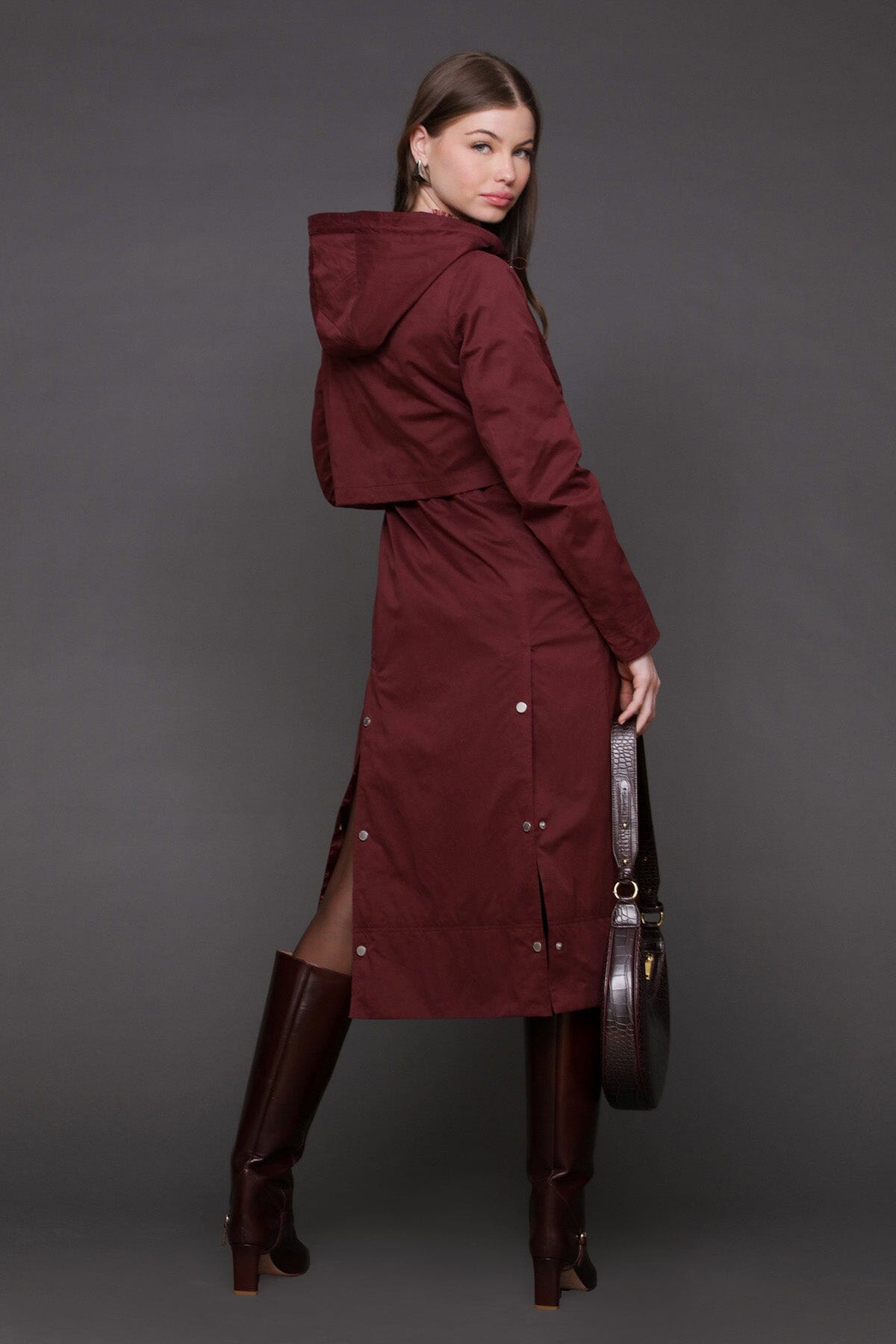 Hooded burgundy anorak maxi coat with adjustable drawcord and attached hood with drawstring - Cute women's coats by Avec Les Filles