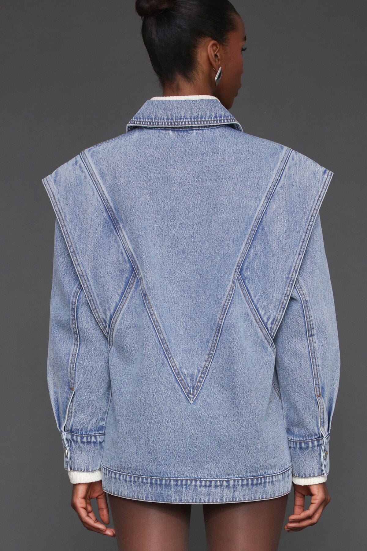 Retro oversized denim blue button-front jacket made from cotton blend with long sleeves and point collar - Cute women's jackets by Avec Les Filles
