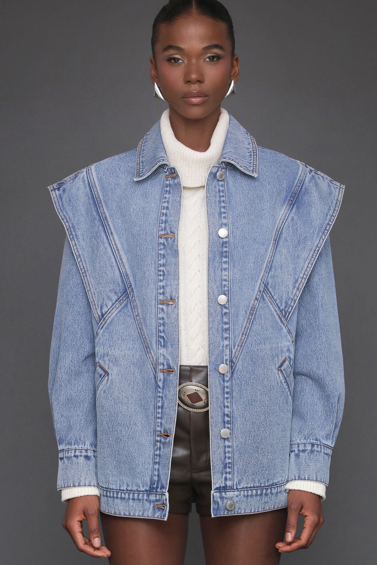 Retro oversized denim blue button-front jacket made from cotton blend with long sleeves and point collar - Cute women's jackets by Avec Les Filles