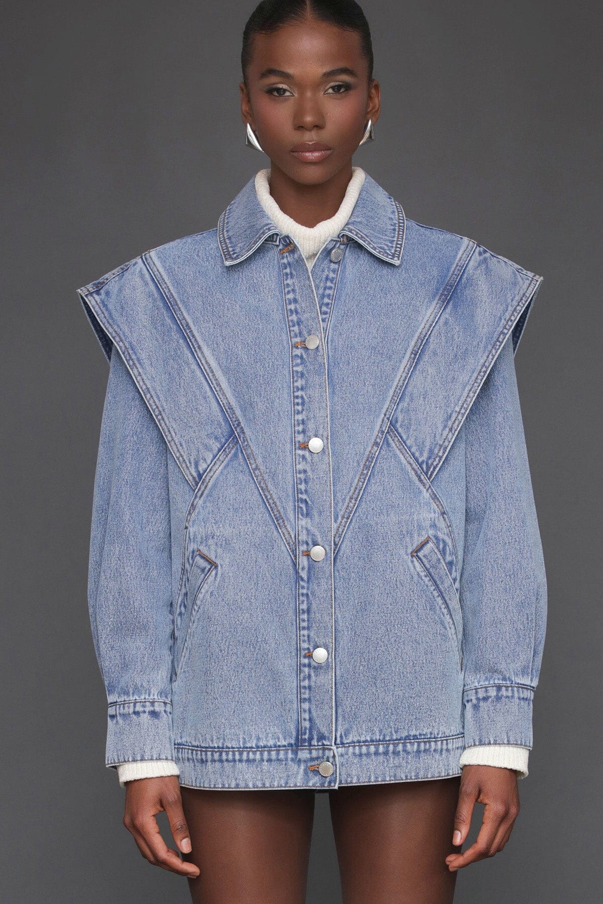 Retro oversized denim blue button-front jacket made from cotton blend with long sleeves and point collar - Cute women's jackets by Avec Les Filles