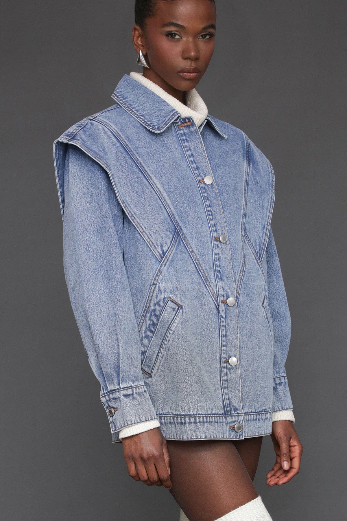 Retro oversized denim blue button-front jacket made from cotton blend with long sleeves and point collar - Cute women's jackets by Avec Les Filles