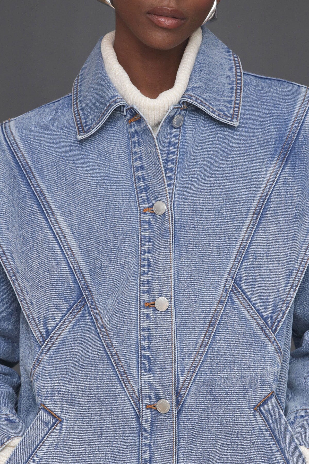 Retro oversized denim blue button-front jacket made from cotton blend with long sleeves and point collar - Cute women's jackets by Avec Les Filles