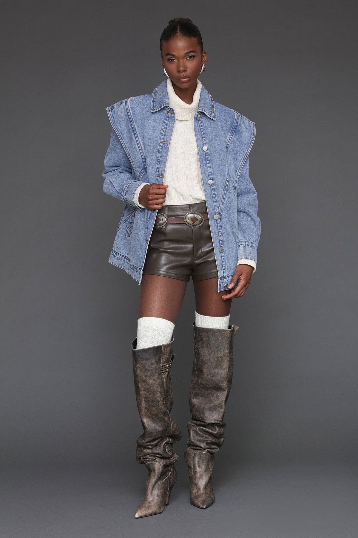 Retro oversized denim blue button-front jacket made from cotton blend with long sleeves and point collar - Cute women's jackets by Avec Les Filles