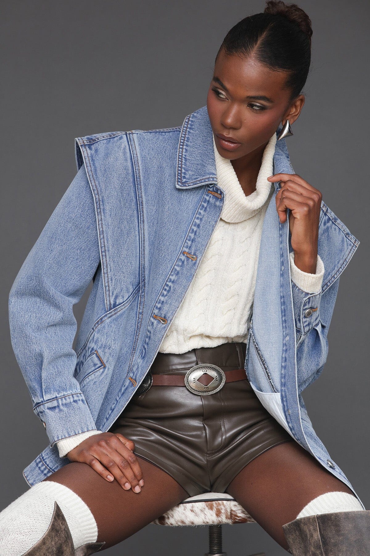 Retro oversized denim blue button-front jacket made from cotton blend with long sleeves and point collar - Cute women's jackets by Avec Les Filles