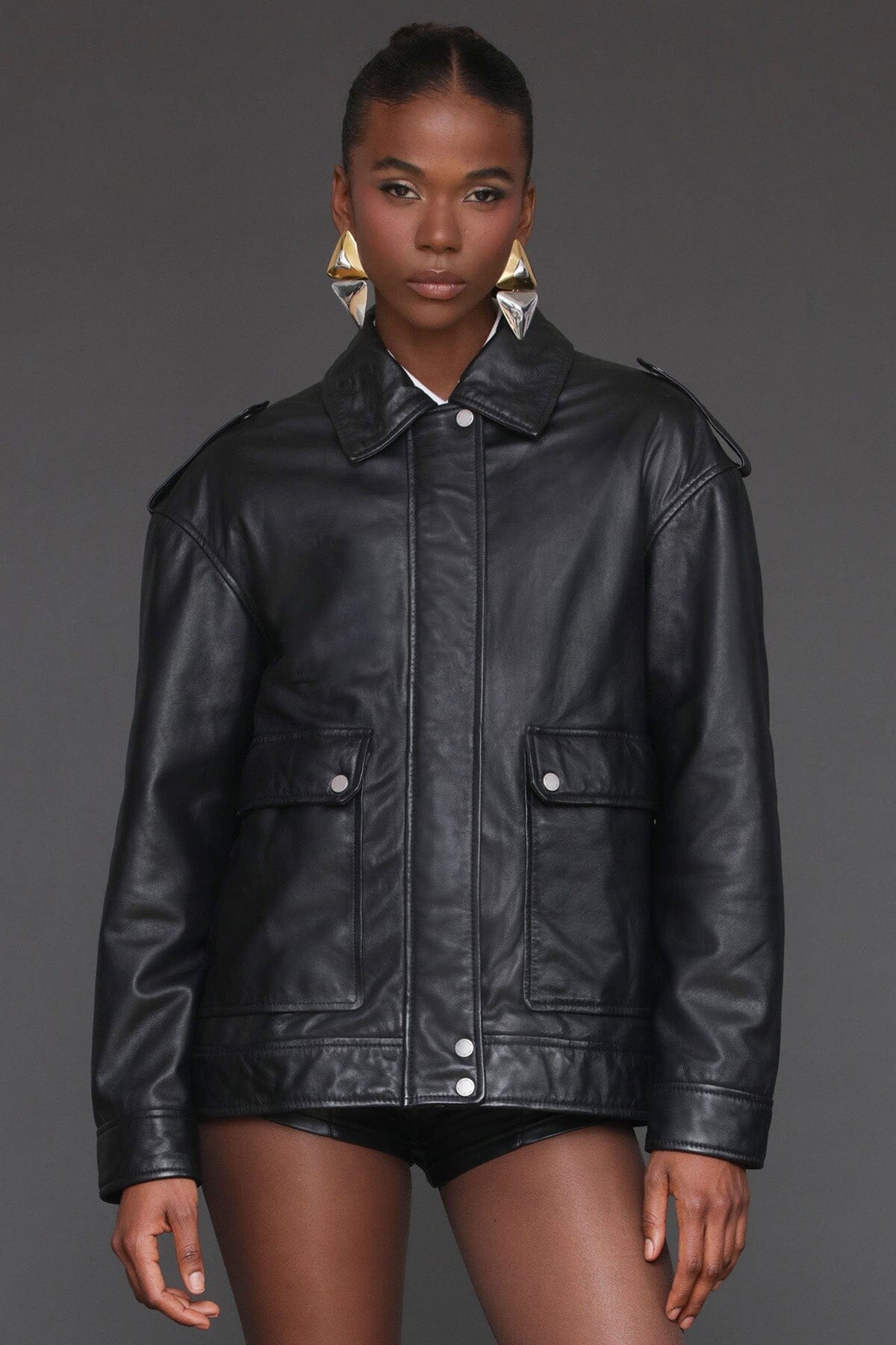 Genuine leather zip front oversized aviator black jacket with long sleeves, button cuffs and back V-panel - Cute women's jackets by Avec Les Filles