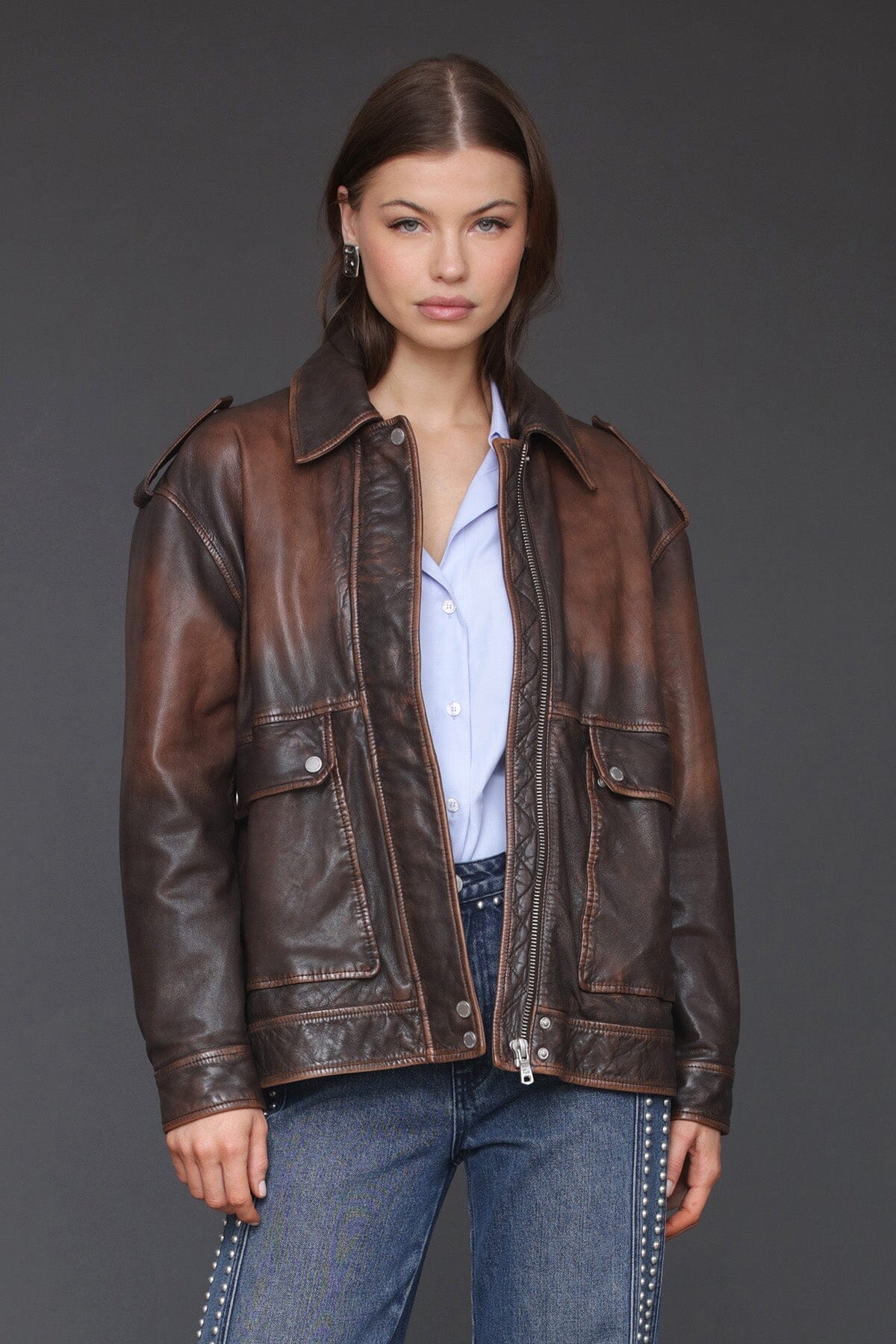 Vintage wash genuine leather brown aviator jacket with zip front, long sleeves and button cuffs - Cute women's jackets by Avec Les Filles