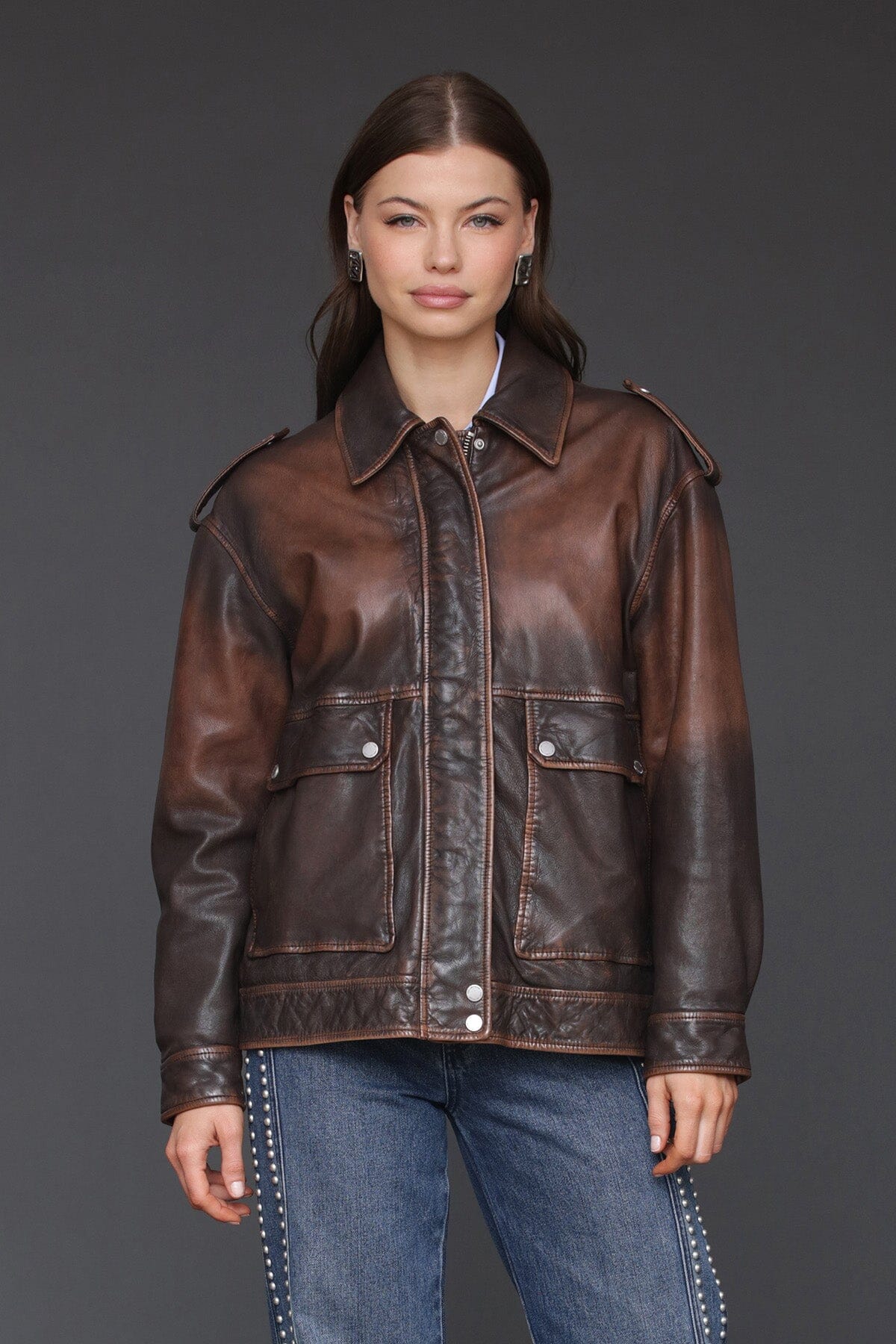 Vintage wash genuine leather brown aviator jacket with zip front, long sleeves and button cuffs - Cute women's jackets by Avec Les Filles