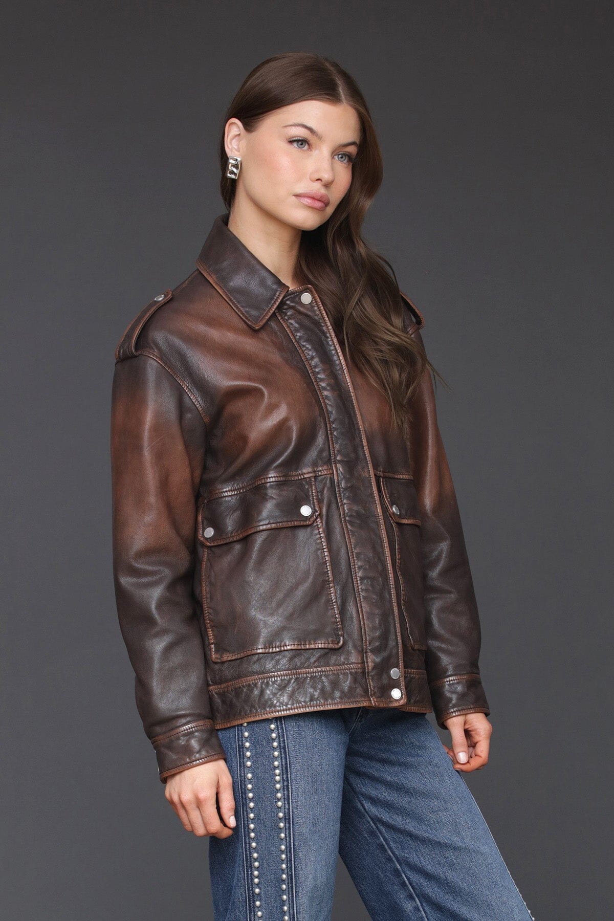 Vintage wash genuine leather brown aviator jacket with zip front, long sleeves and button cuffs - Cute women's jackets by Avec Les Filles