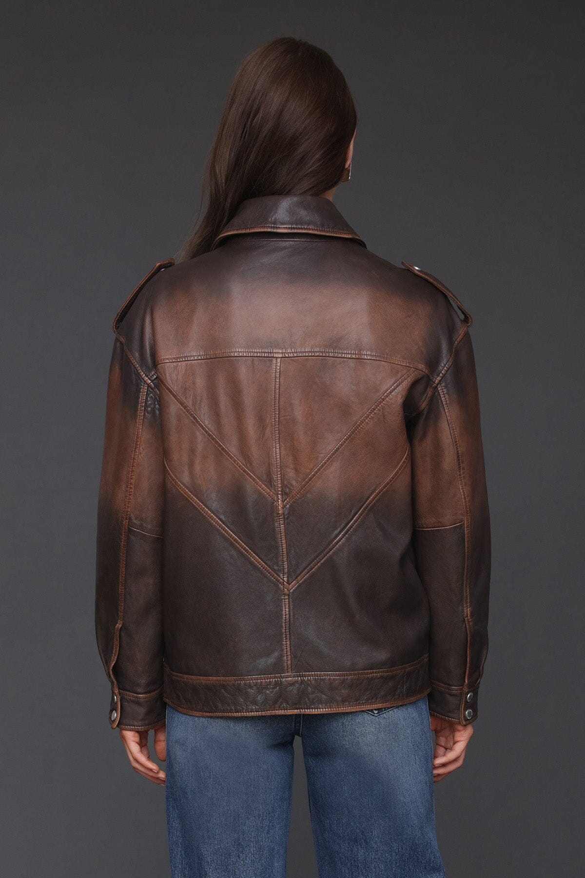 Vintage wash genuine leather brown aviator jacket with zip front, long sleeves and button cuffs - Cute women's jackets by Avec Les Filles