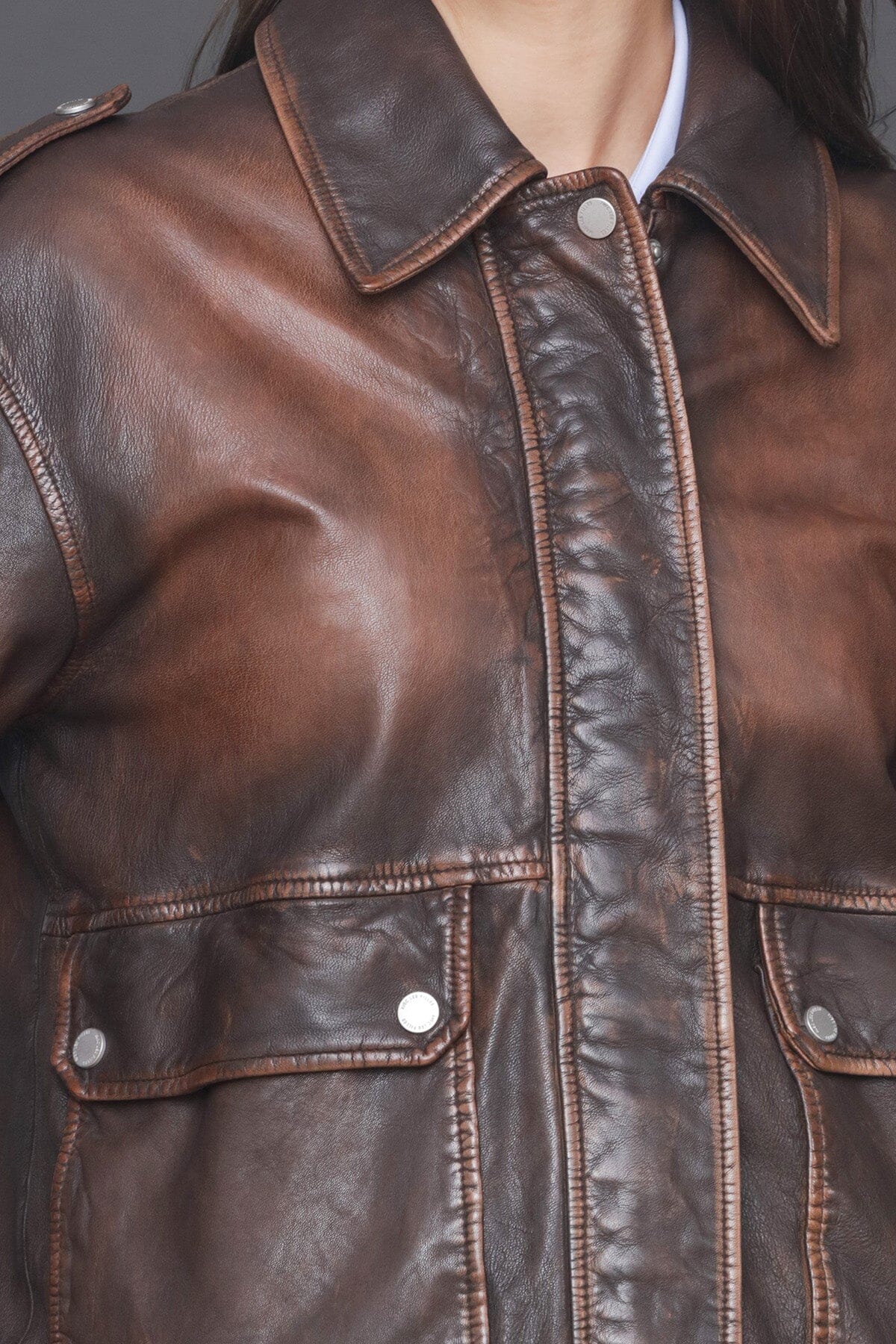 Vintage wash genuine leather brown aviator jacket with zip front, long sleeves and button cuffs - Cute women's jackets by Avec Les Filles
