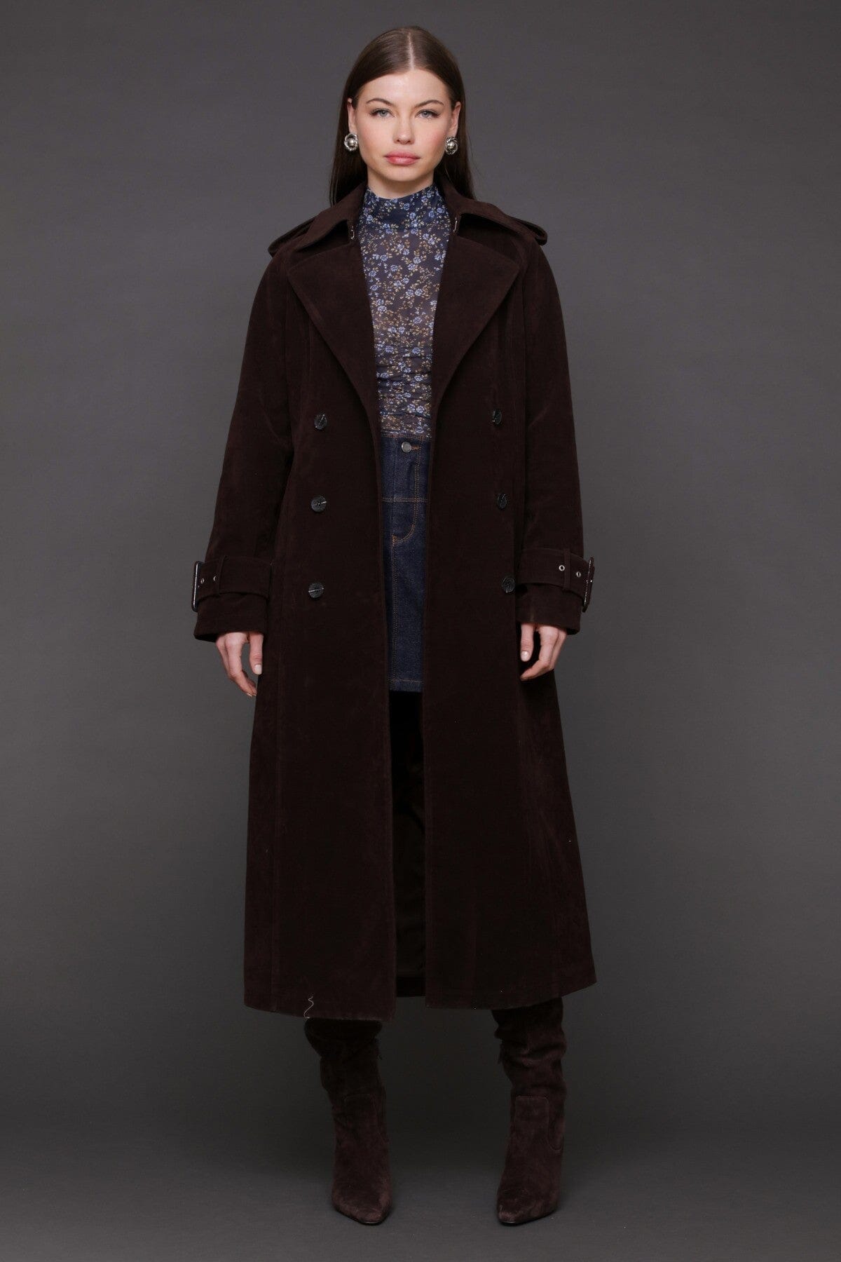 Faux suede utility double-breasted brown trench coat with removable self-tie belt and notch lapel collar - Cute women's trench coats by Avec Les Filles