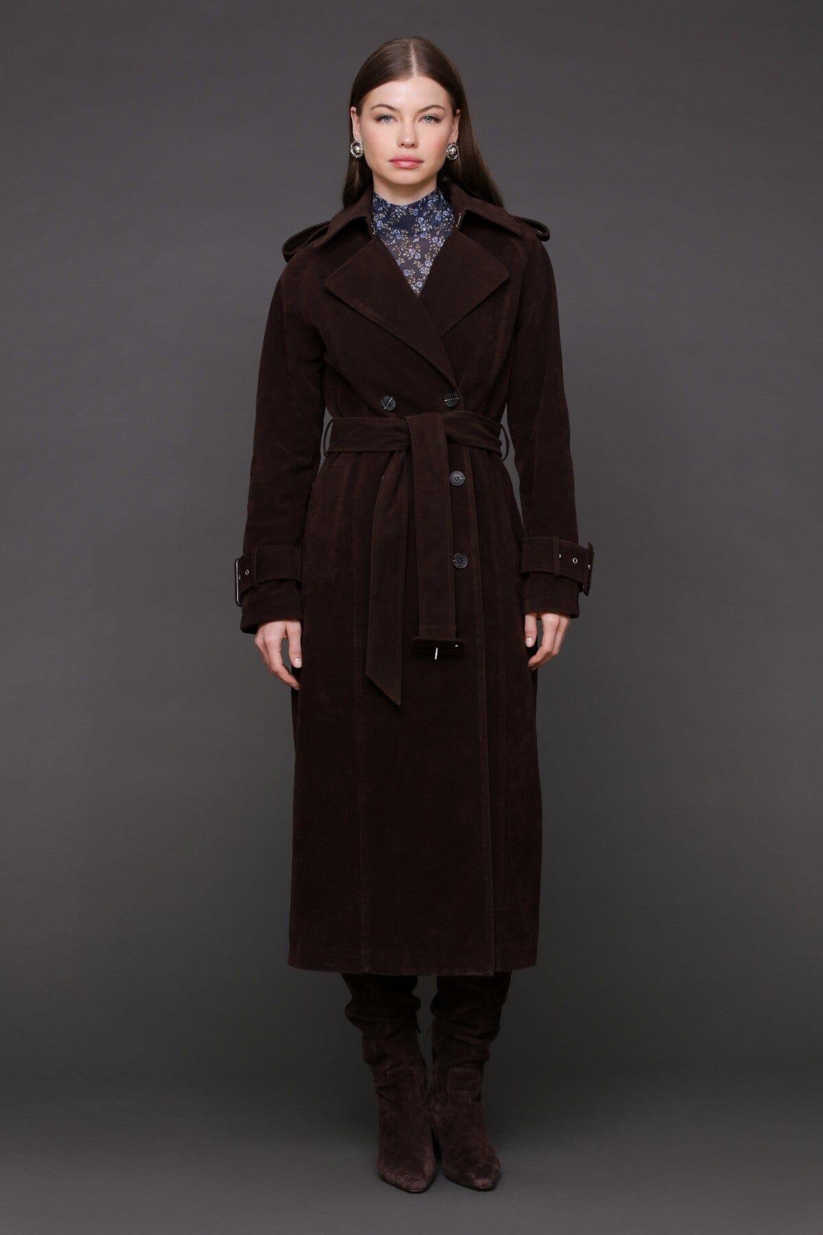 Faux suede utility double-breasted brown trench coat with removable self-tie belt and notch lapel collar - Cute women's trench coats by Avec Les Filles