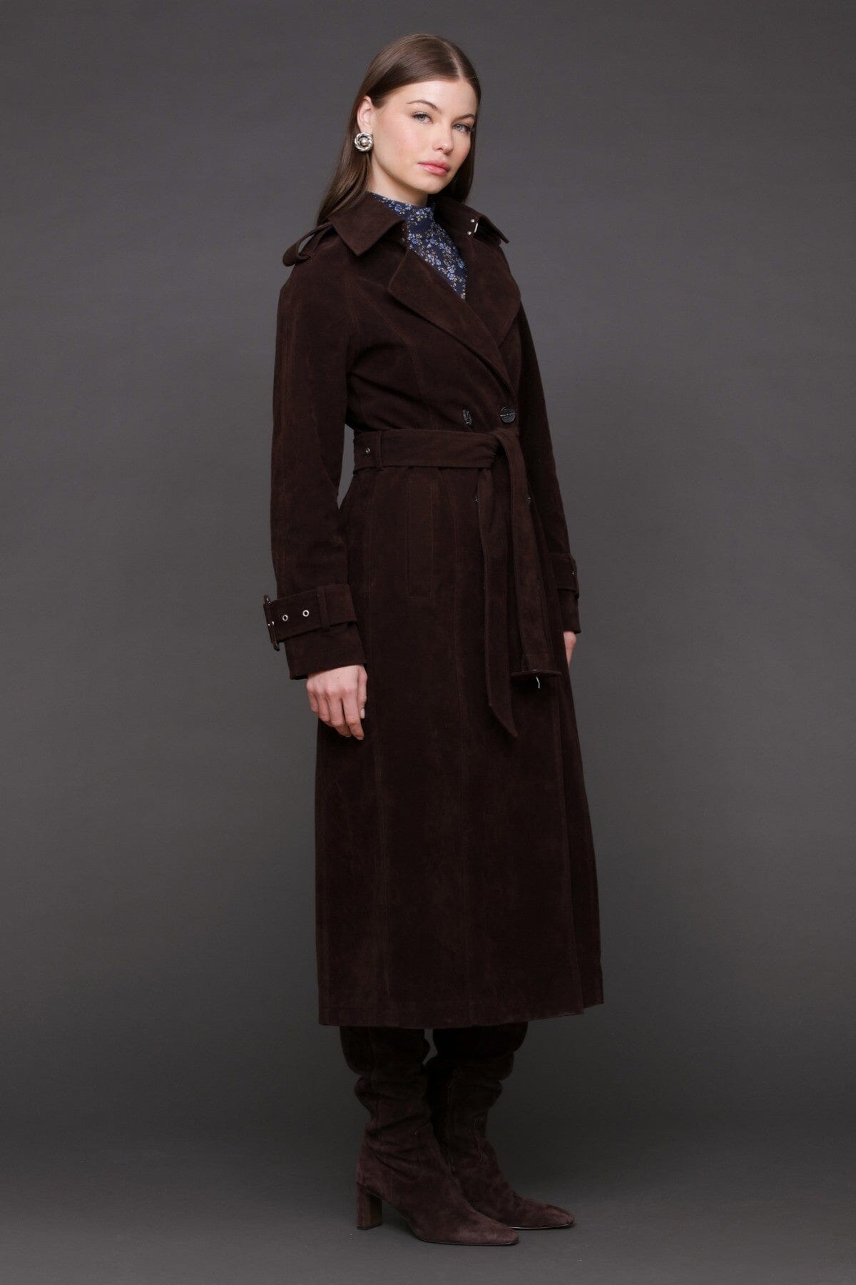 Faux suede utility double-breasted brown trench coat with removable self-tie belt and notch lapel collar - Cute women's trench coats by Avec Les Filles
