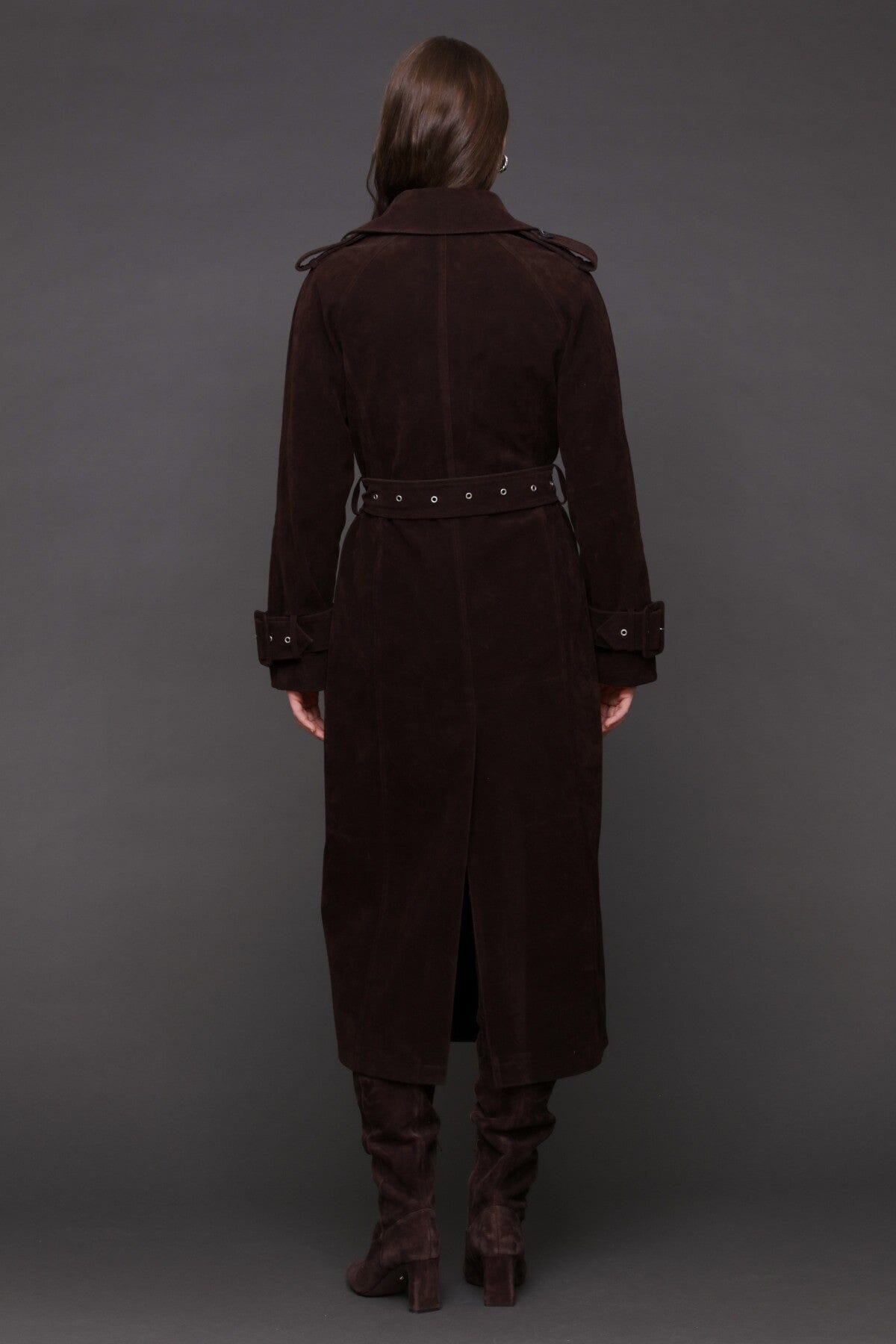 Faux suede utility double-breasted brown trench coat with removable self-tie belt and notch lapel collar - Cute women's trench coats by Avec Les Filles